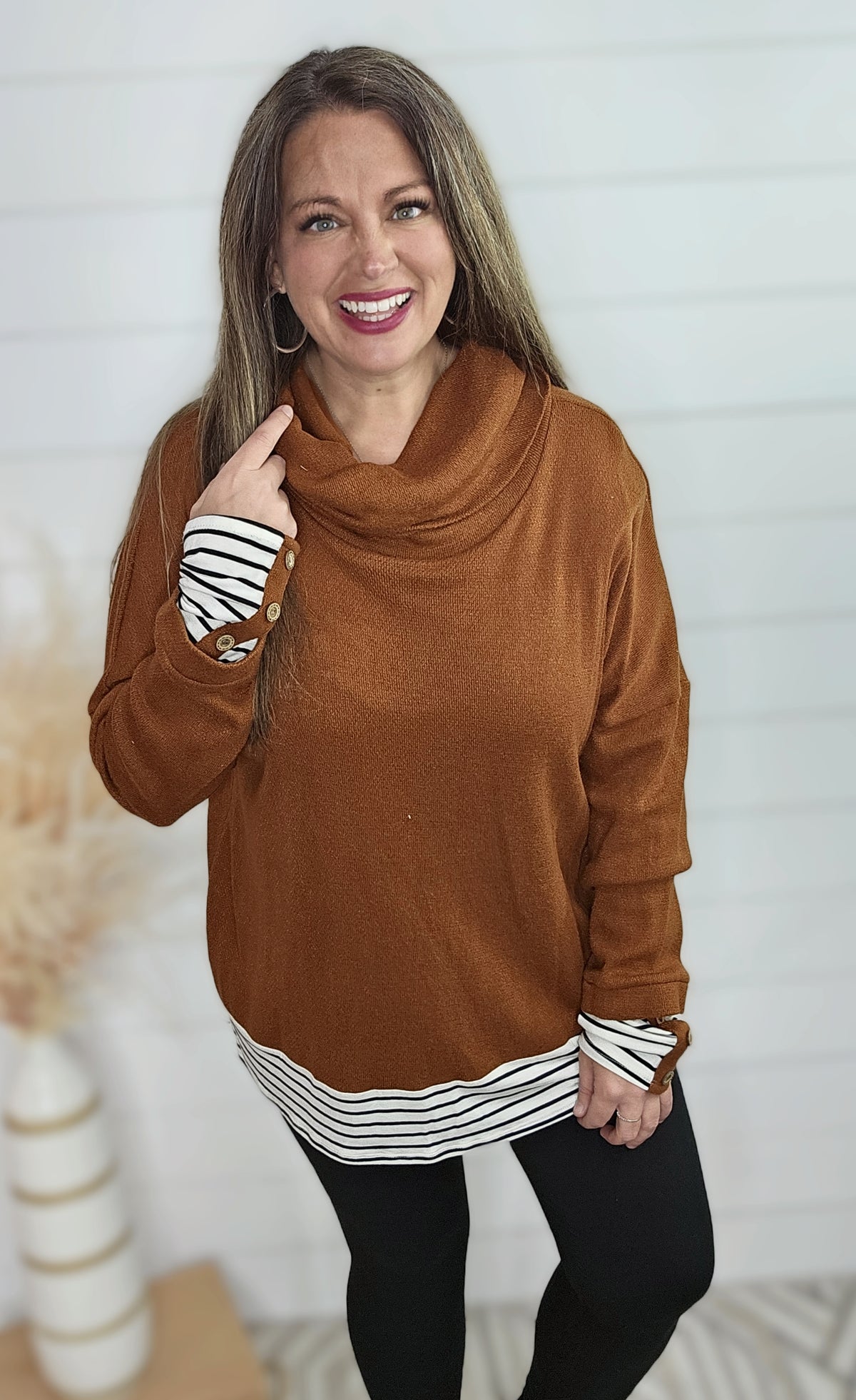 RUST COWL NECK WITH STRIPED AND BUTTON CONTRAST