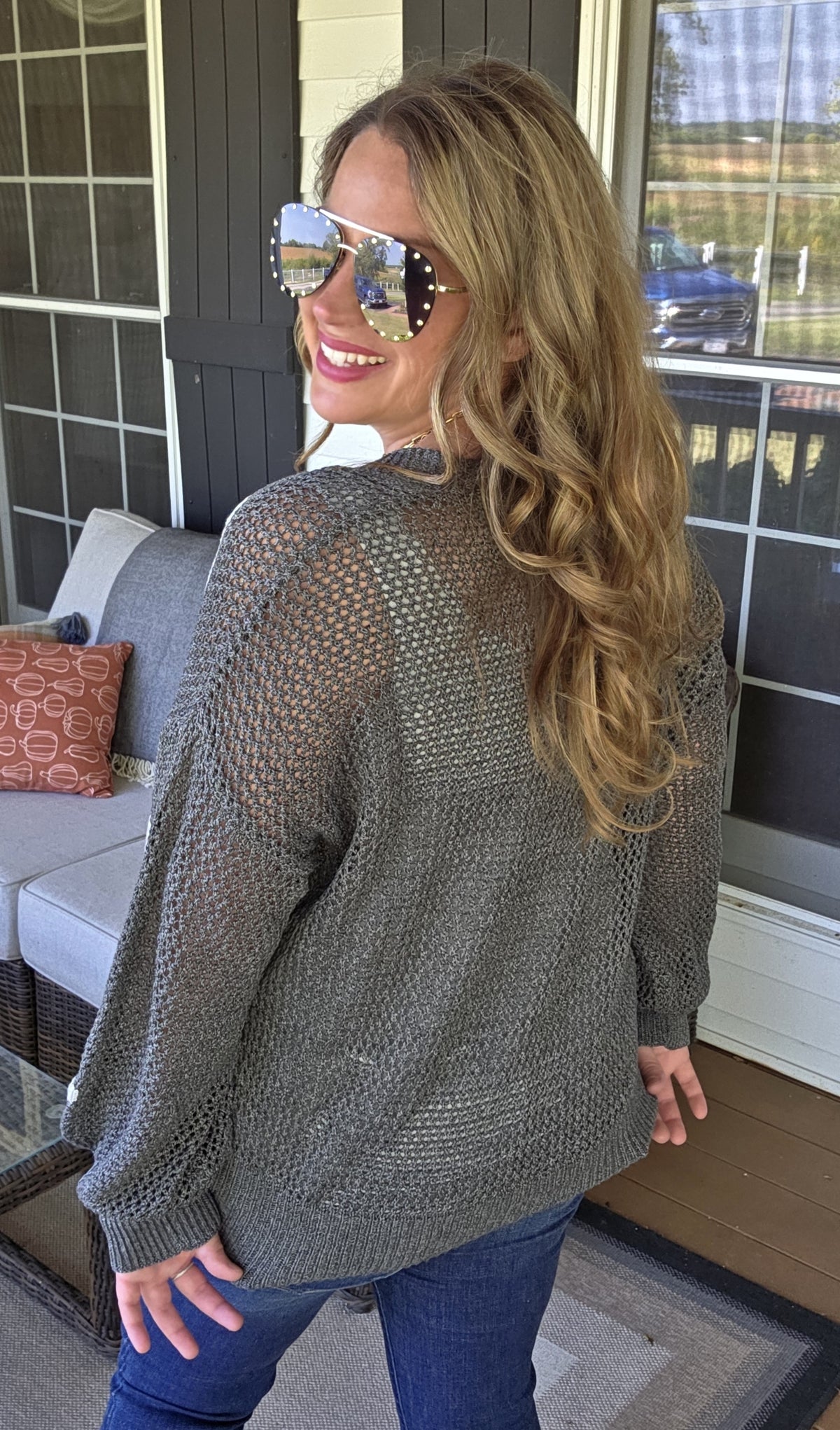 CHARCOAL OPEN KNIT BUTTON CARDIGAN WITH FLORAL DETAIL