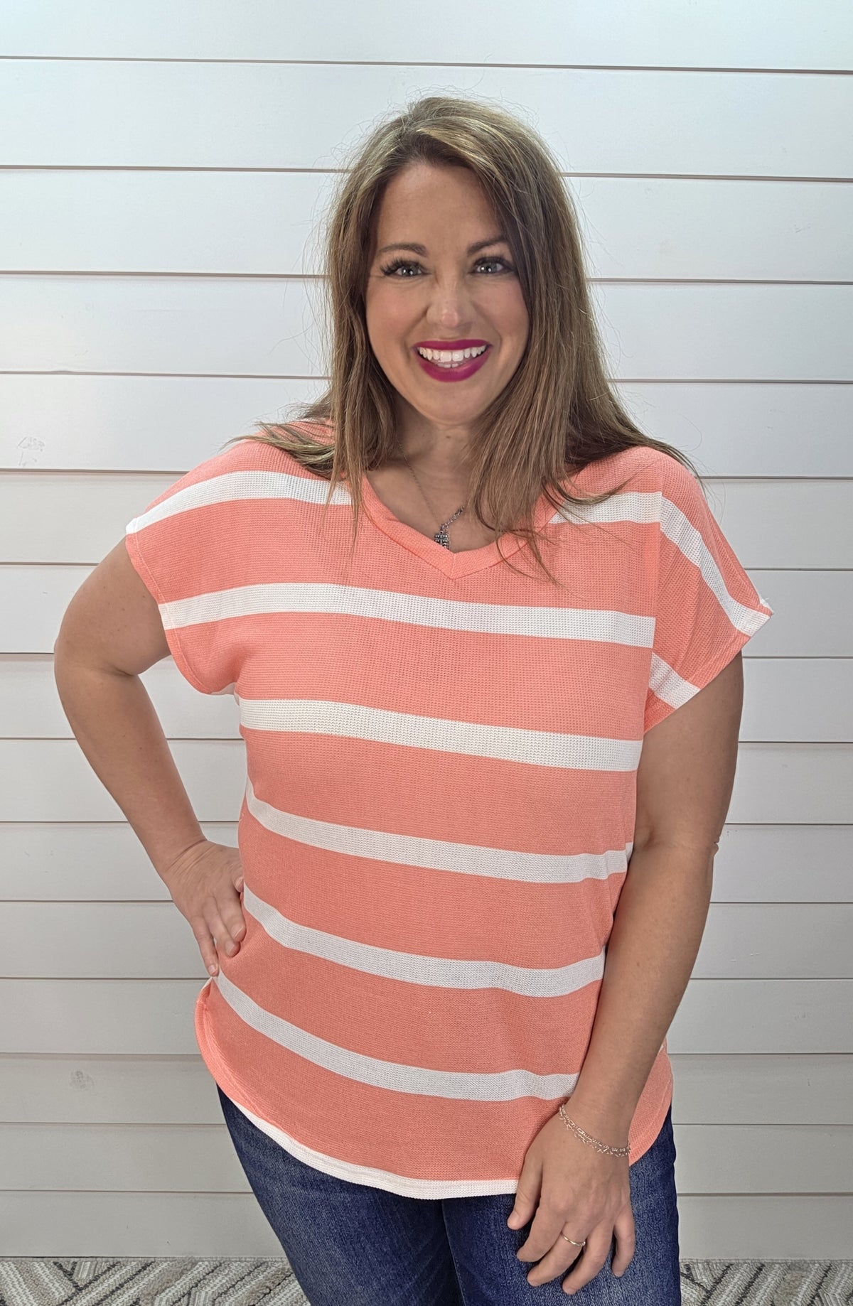 CORAL/WHITE STRIPED KNIT V NECK TOP