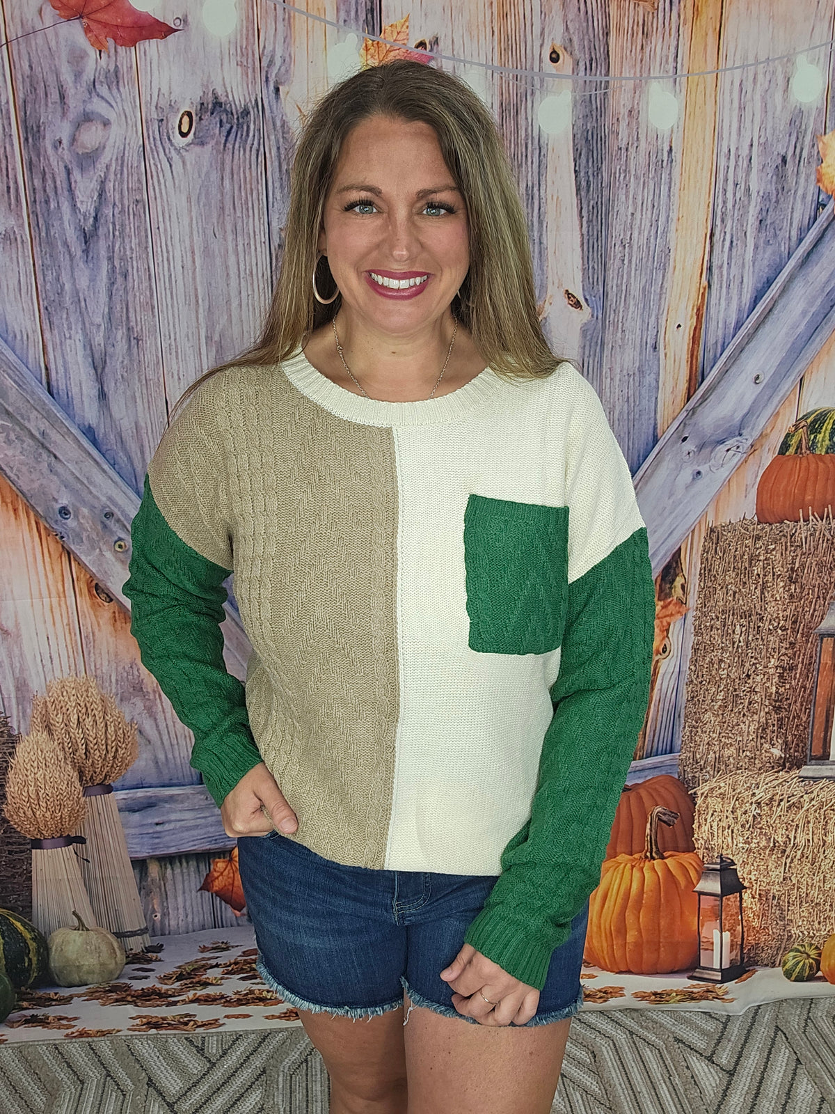 VINEYARD GREEN COLORBLOCK PATCHED POCKET DROP SHOULDER SWEATER