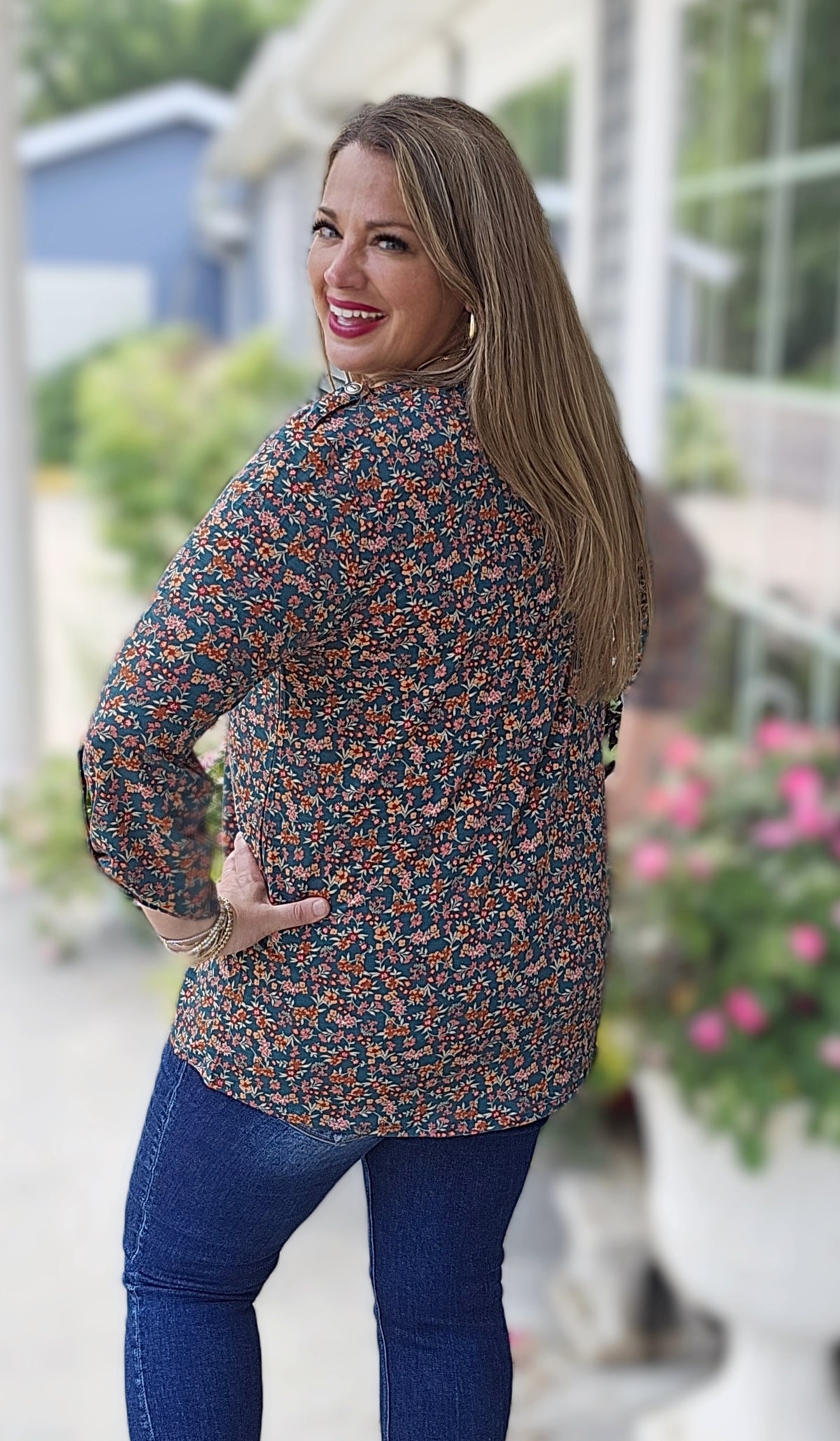 DEAR SCARLETT HUNTER GREEN/RUST FLORAL LUXE LIZZY TOP