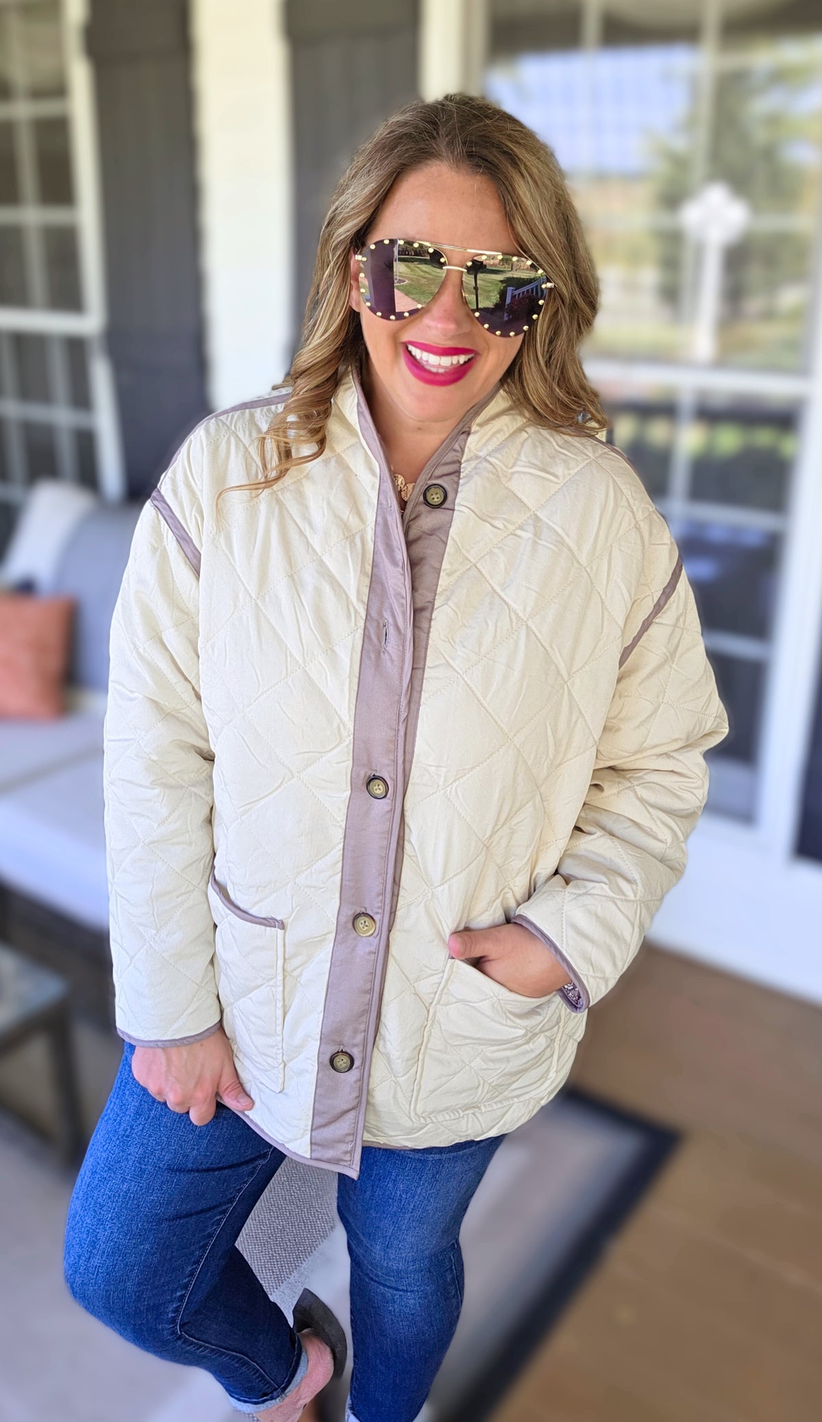 KARENT HART TAUPE REVERSIBLE FLORAL/KHAKI QUILTED JACKET