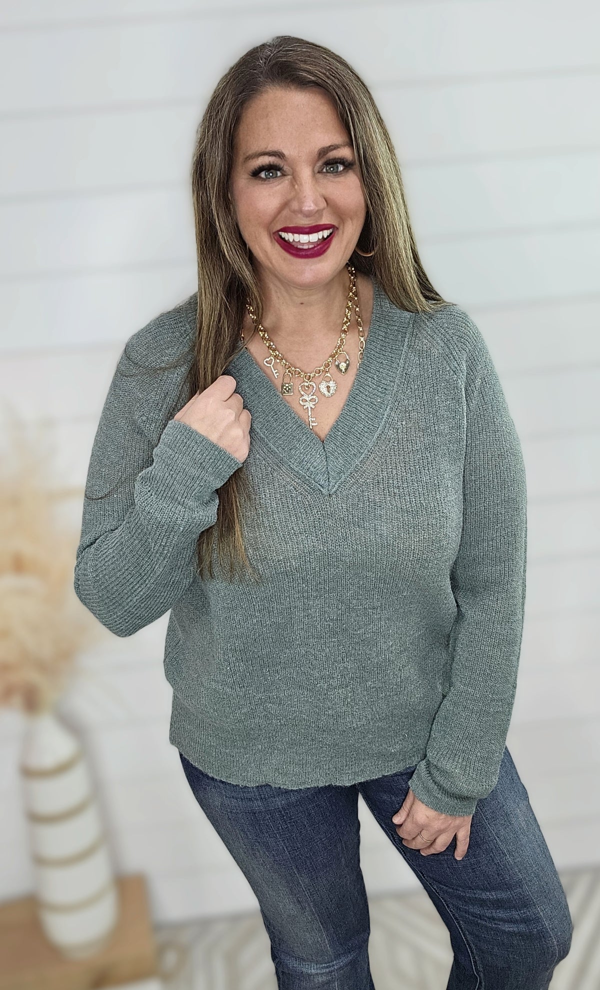 TEAL V NECK KNIT SWEATER