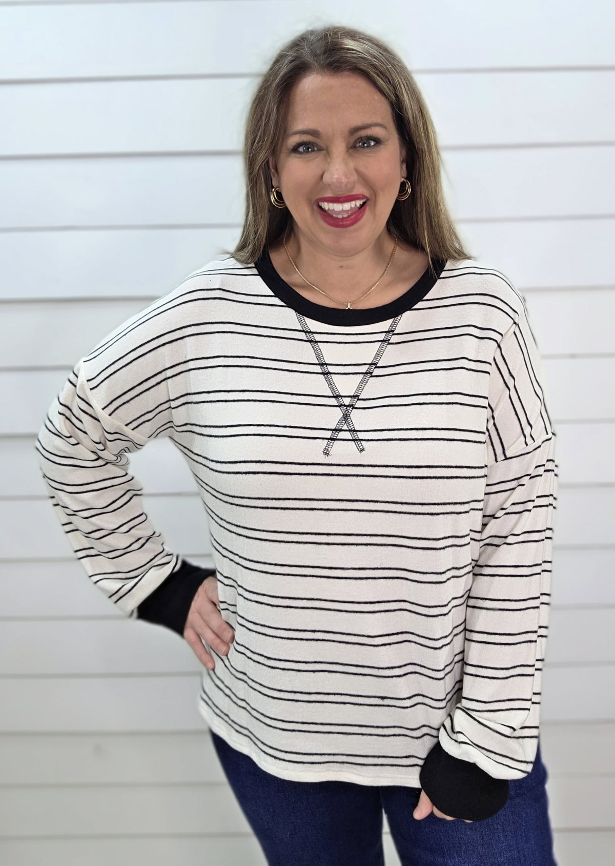 IVORY/BLACK STRIPED BRUSHED KNIT TOP