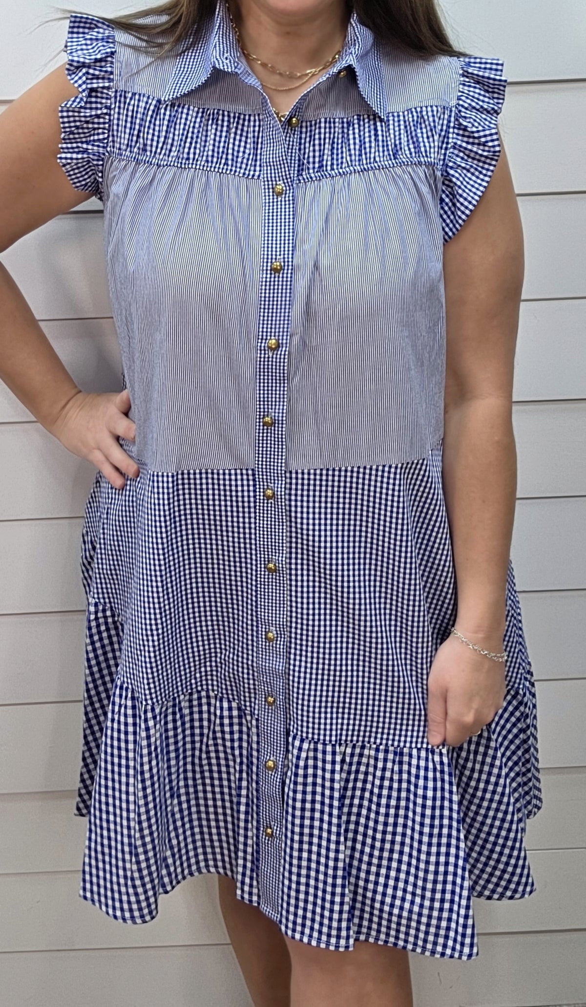 BLUE STRIPED/GINGHAM BUTTON DOWN DRESS