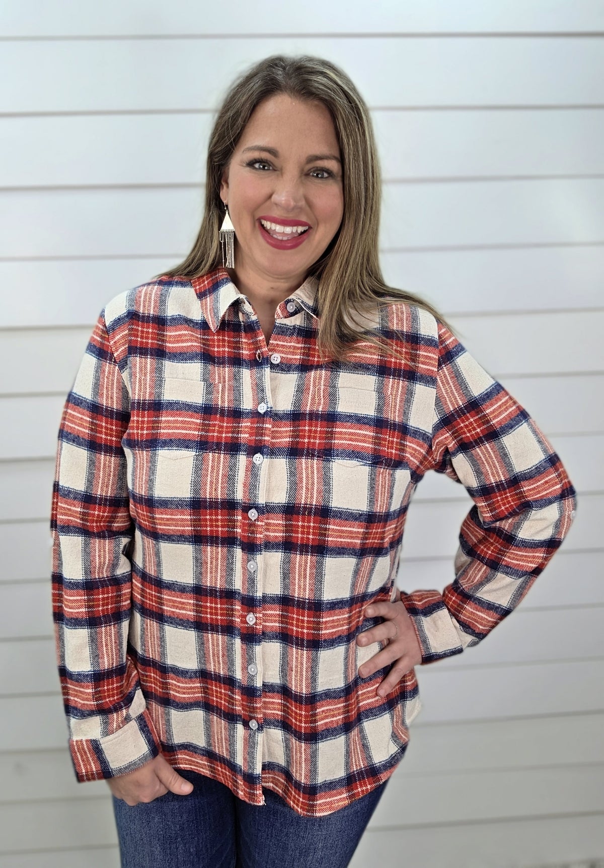 KAREN HART RED/BLUE PLAID BUTTON DOWN WITH BUTTONS IN THE BACK