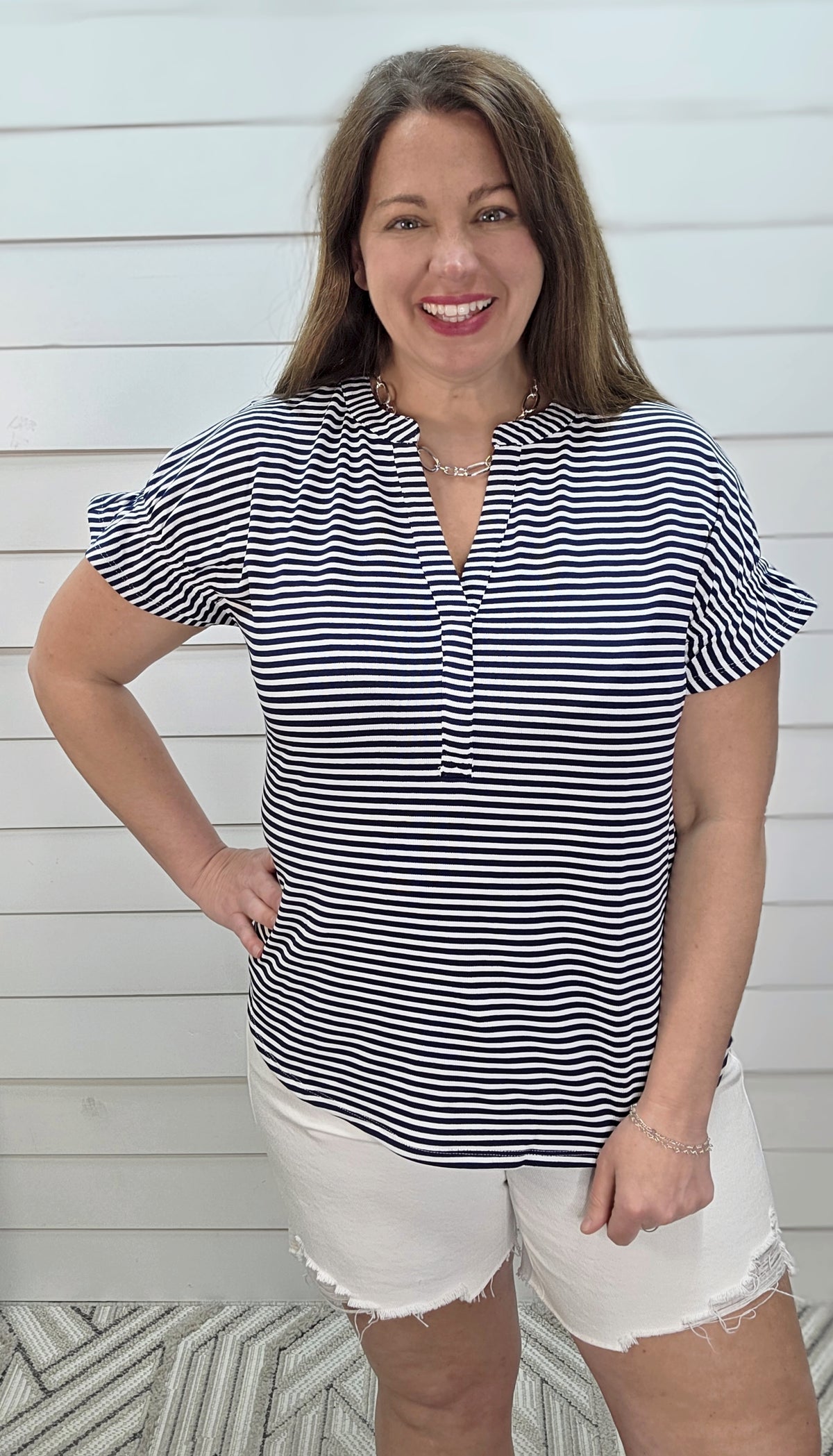 NAVY STRIPED KNIT TOP W/ SMOCKED SLEEVE