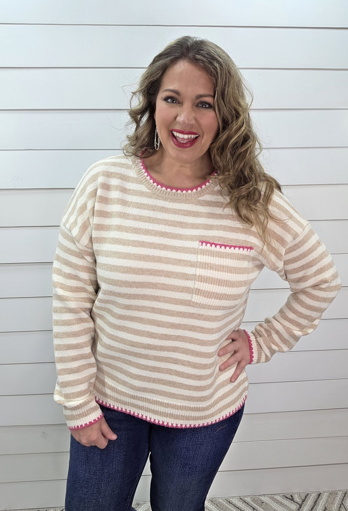 TAUPE/CREAM STRIPED SWEATER W/ HOT PINK TRIM