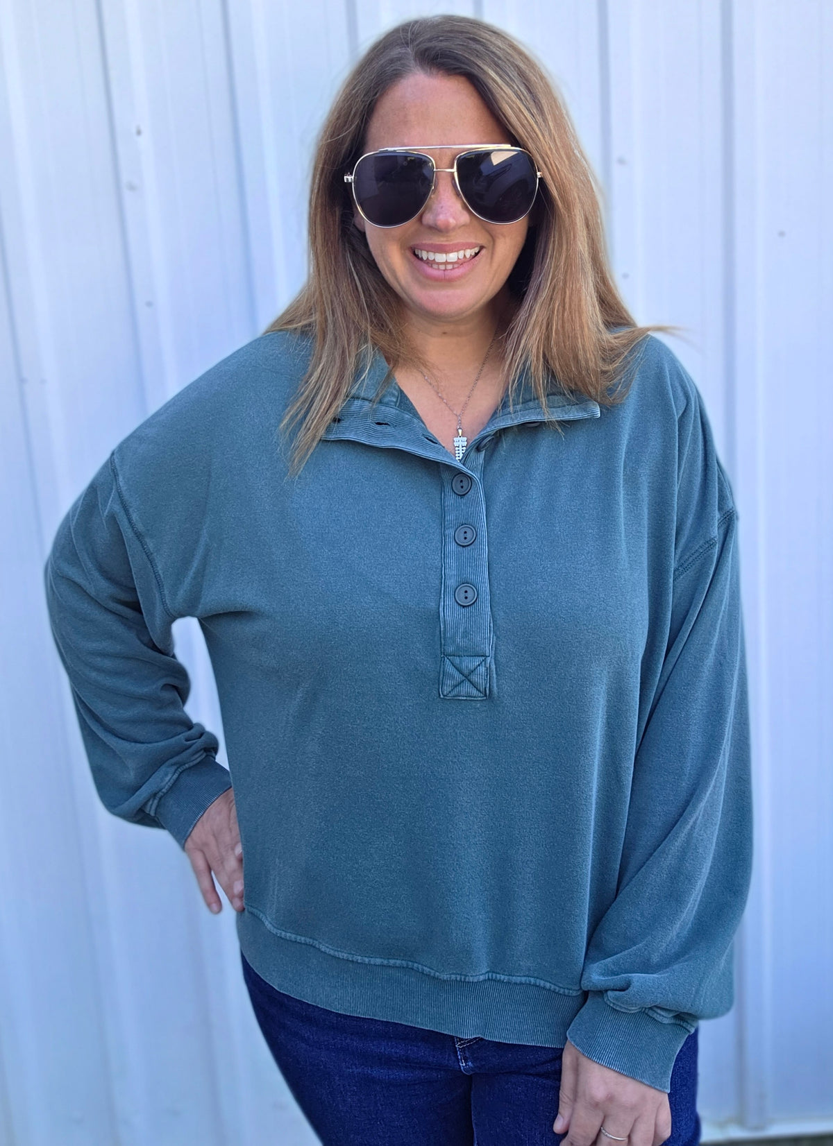 Dark Green Ultra Soft Mineral Wash Half Button Pullover