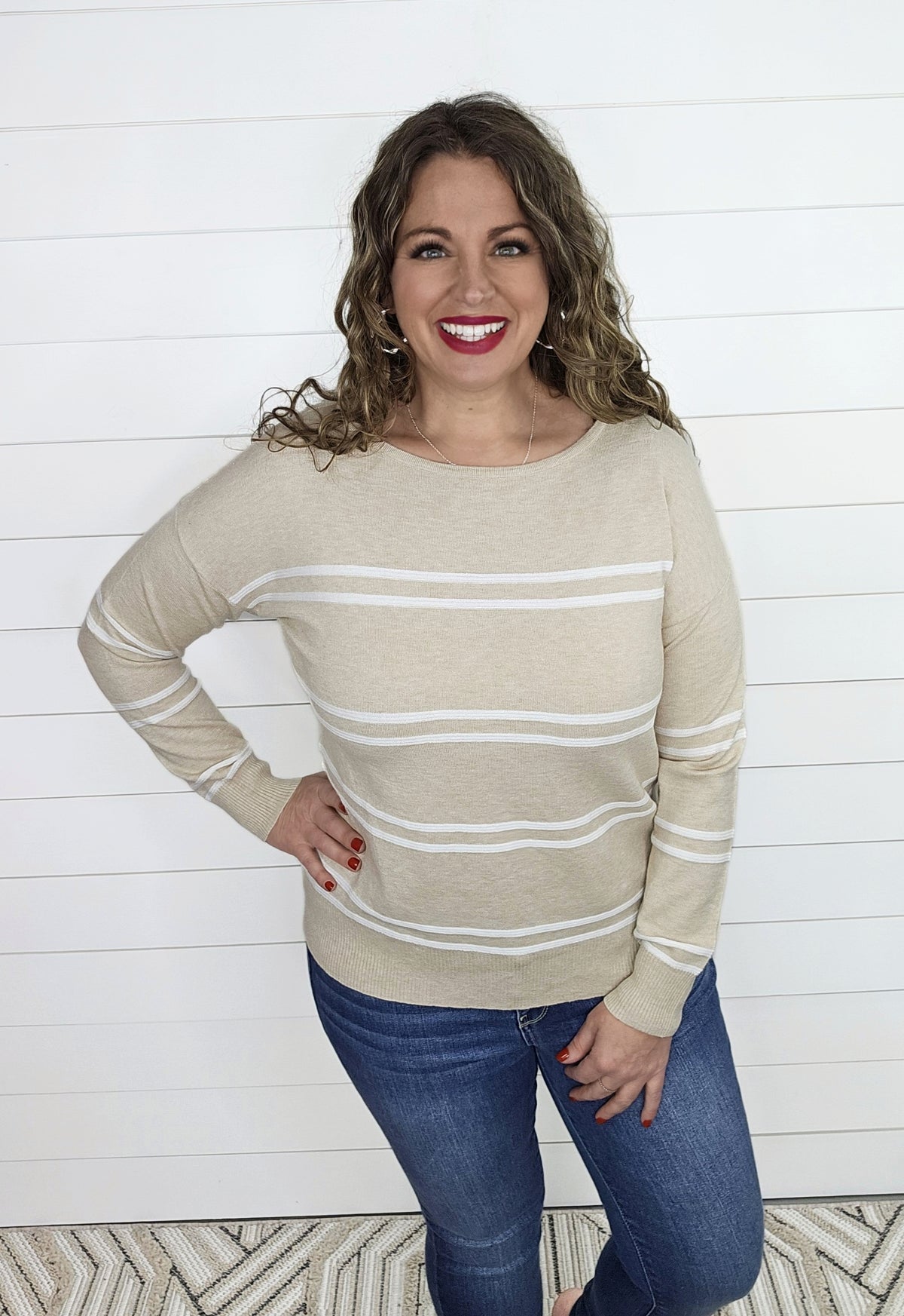 TAUPE TEXTURED STRIPE BOAT NECK SWEATER