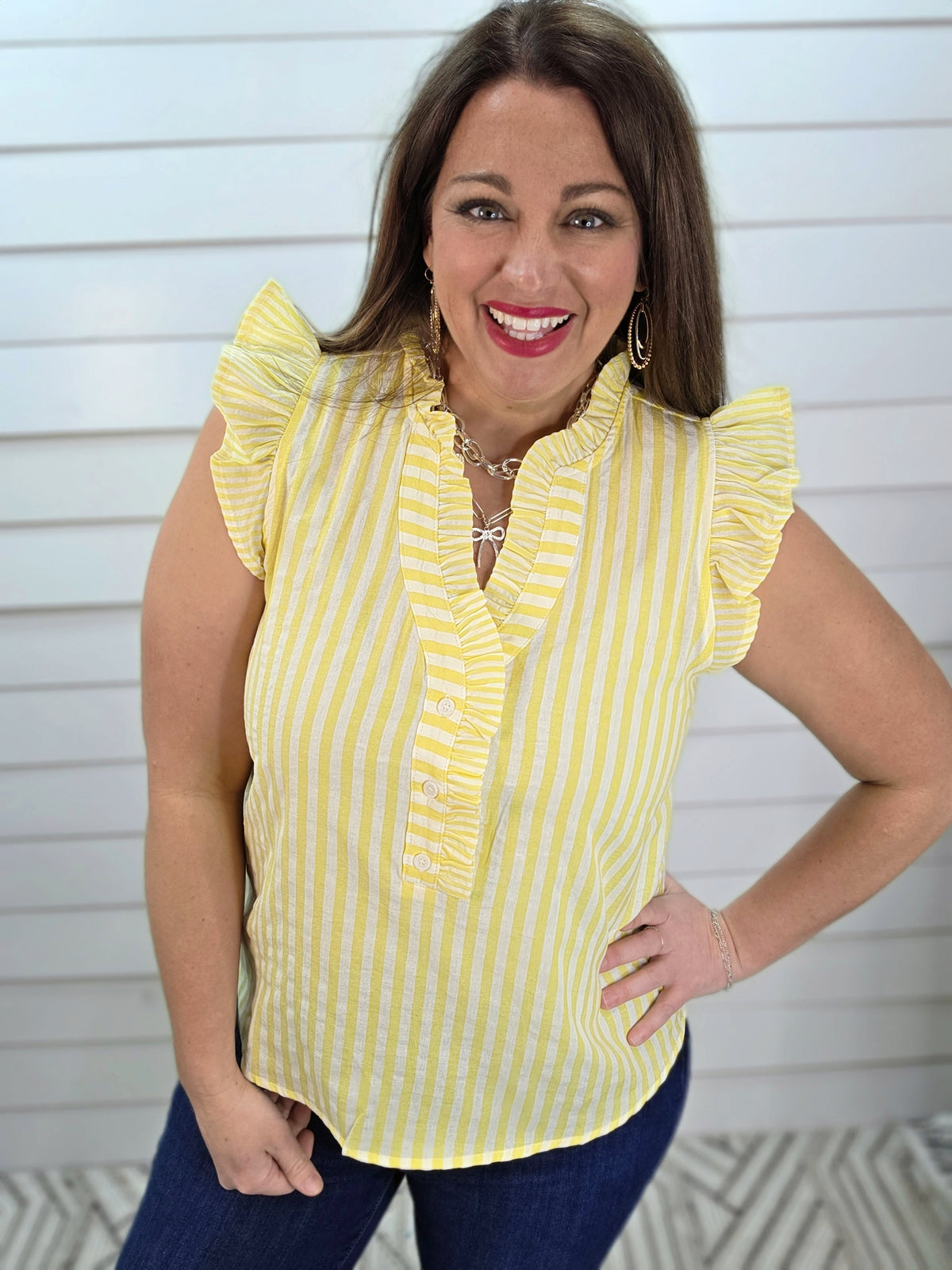 YELLOW VERTICAL STRIPED V NECK HENLEY RUFFLE TRIM TOP