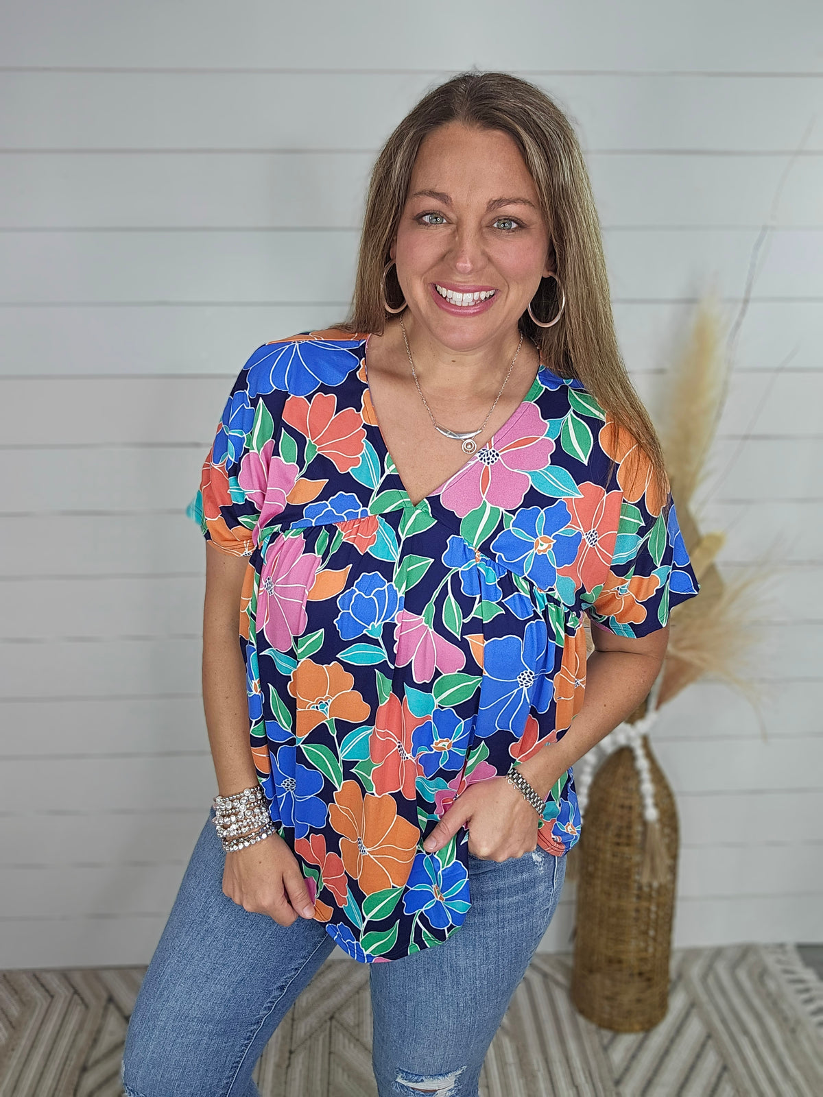 NAVY/ORANGE/BLUE FLORAL V NECK DOLMAN TOP