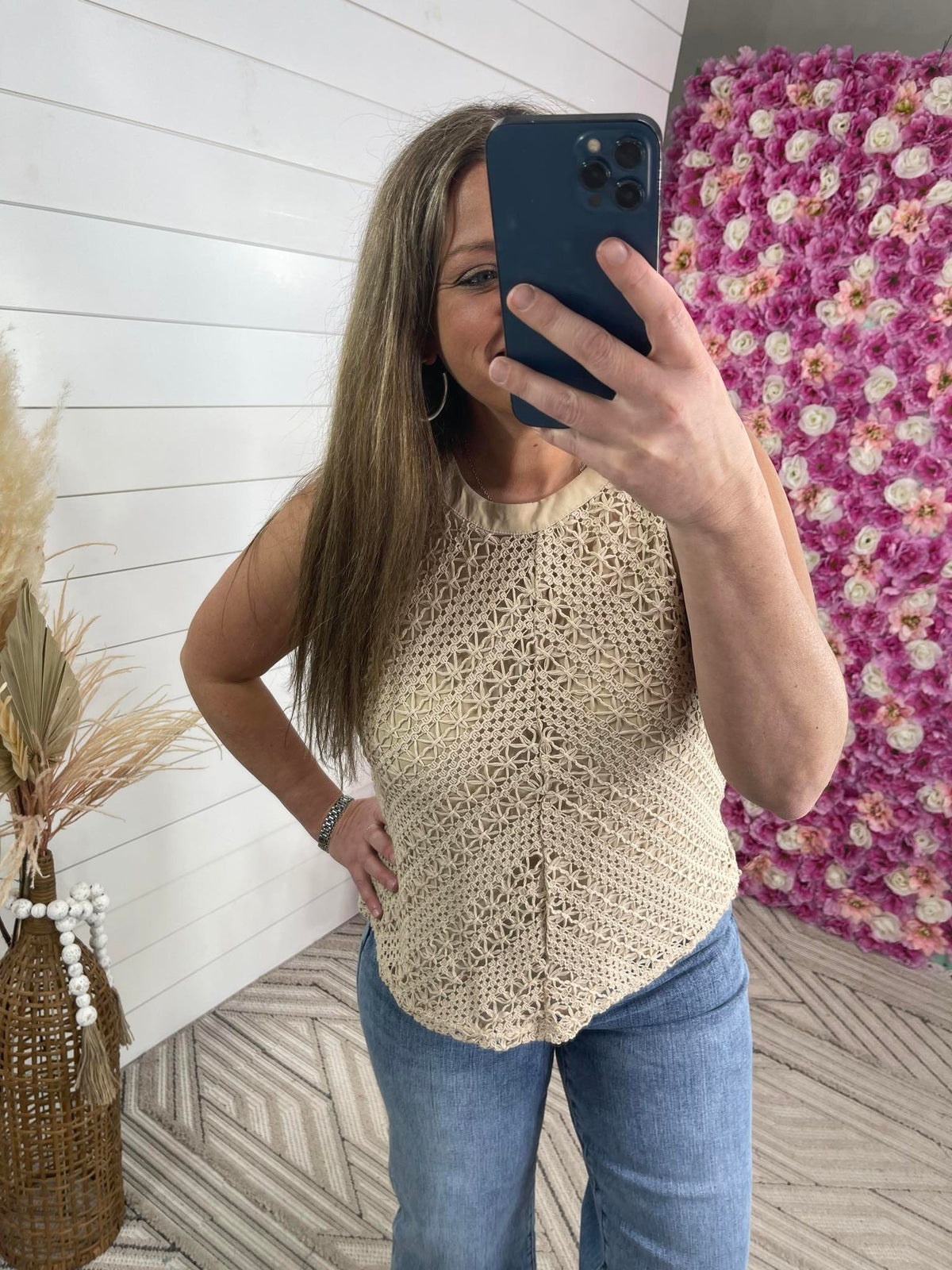 TAUPE CROCHET LACE OVERLAY TANK