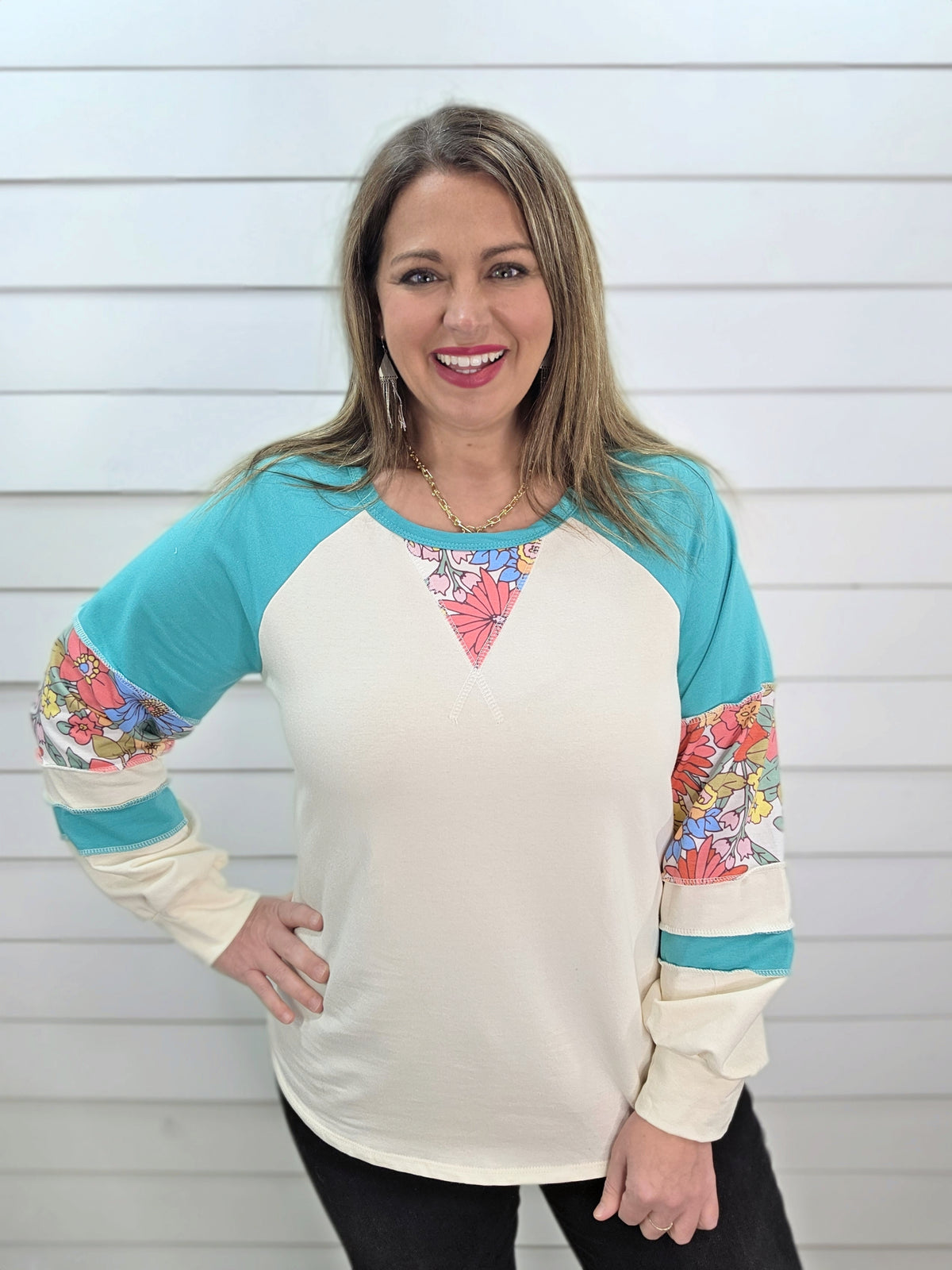 TEAL/CREAM FLORAL CONTAST FRENCH TERRY KNIT TOP
