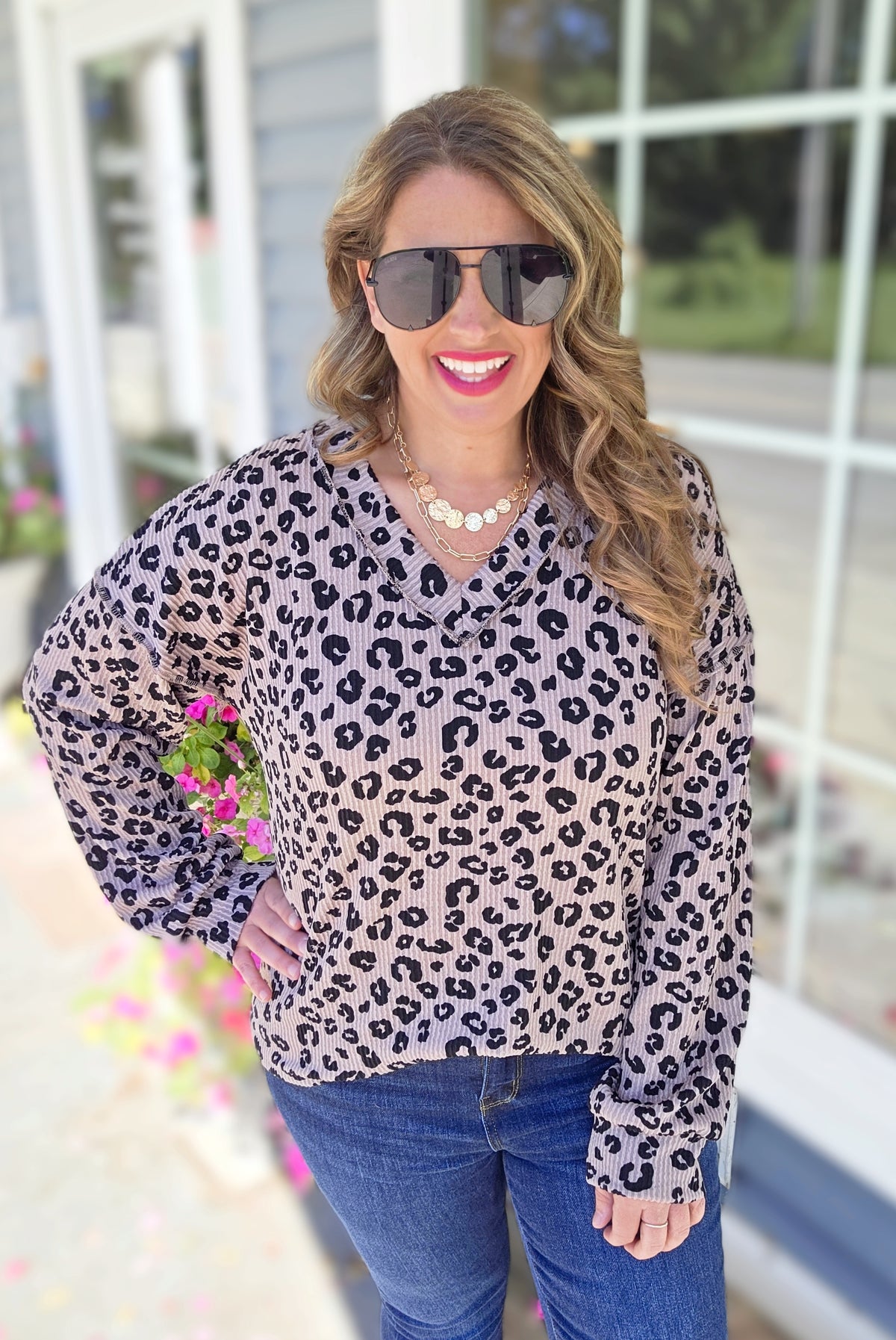 MOCHA LEOPARD RAISED RIBBED V NECK LONG SLEEVE KNIT TOP