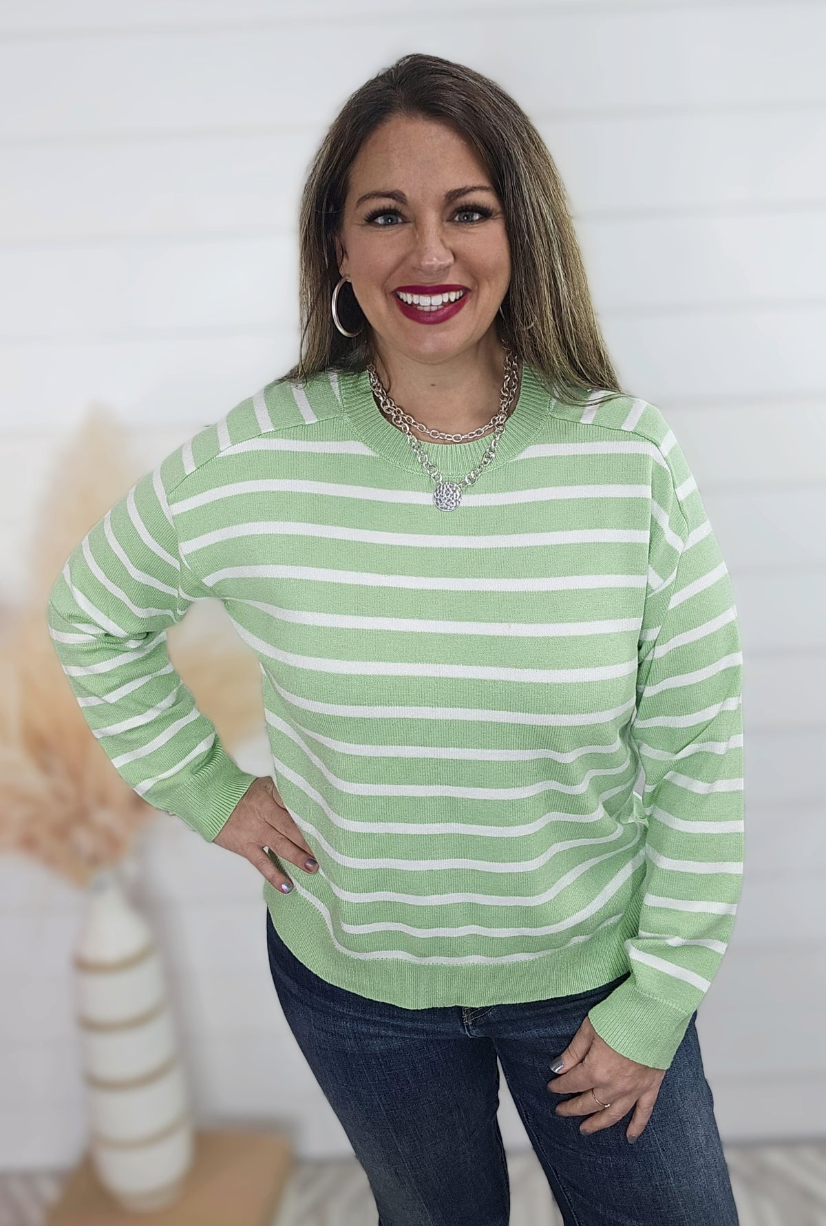 LIME/WHITE STRIPED SOFT  SWEATER