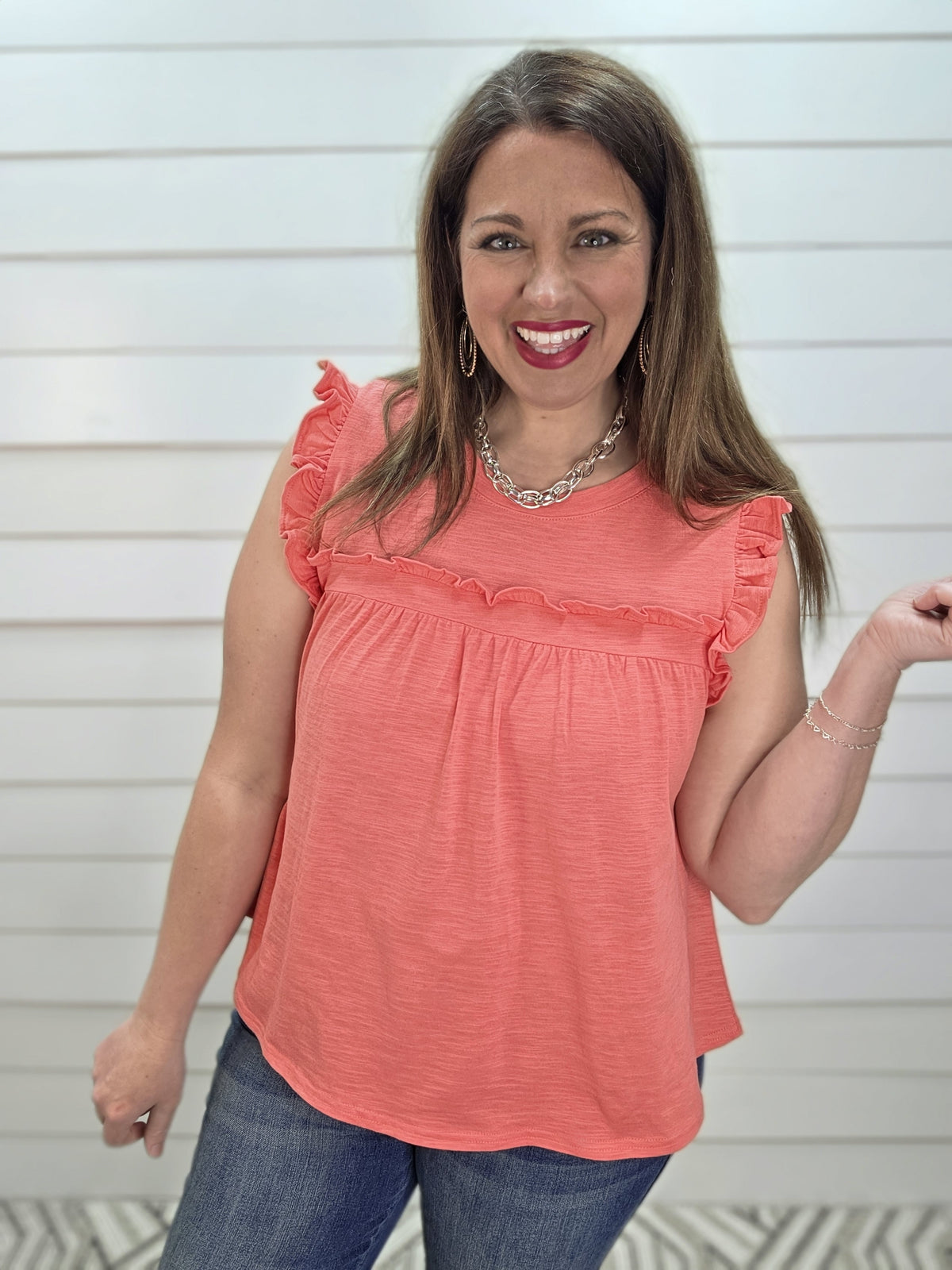 CORAL KNIT RUFFLE DETAIL SLEEVELESS TOP