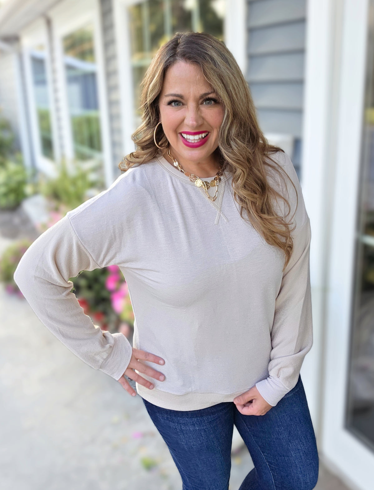 BEIGE FABRIC CONTRAST KNIT TOP