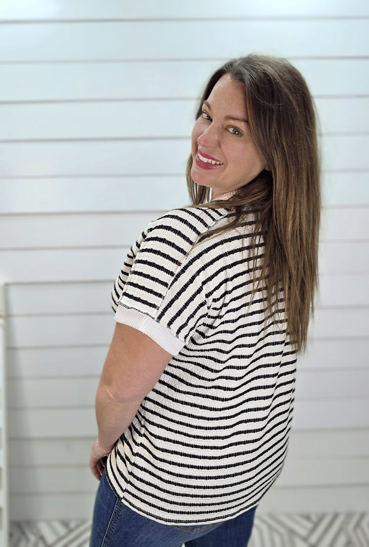 BLACK STRIPED TEXTURED KNIT TOP