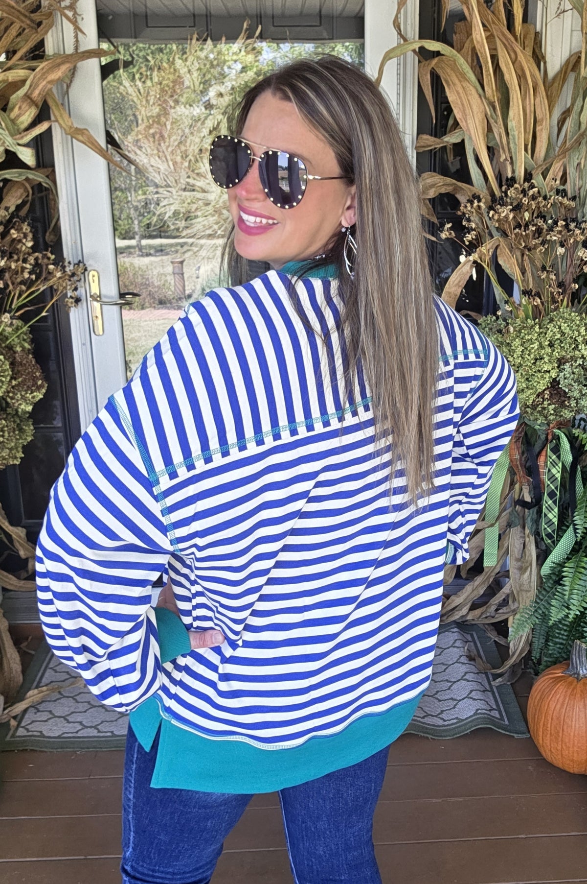 ROYAL BLUE STRIPED/GREEN TRIM FRENCH TERRY RELAXED FIT TOP