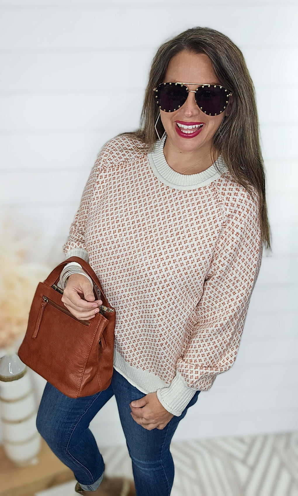 RUST PRINTED CREW NECK PULLOVER SWEATER