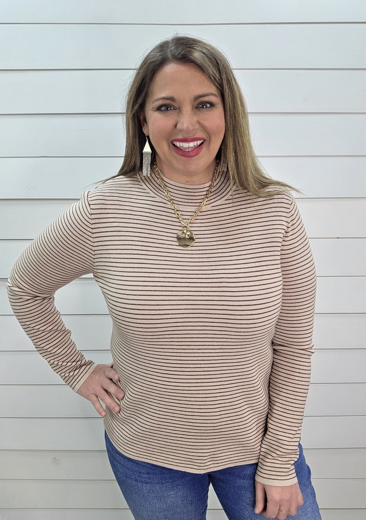 TAUPE PINSTRIPE MOCK NECK PULLOVER LIGHT WEIGHT SWEATER