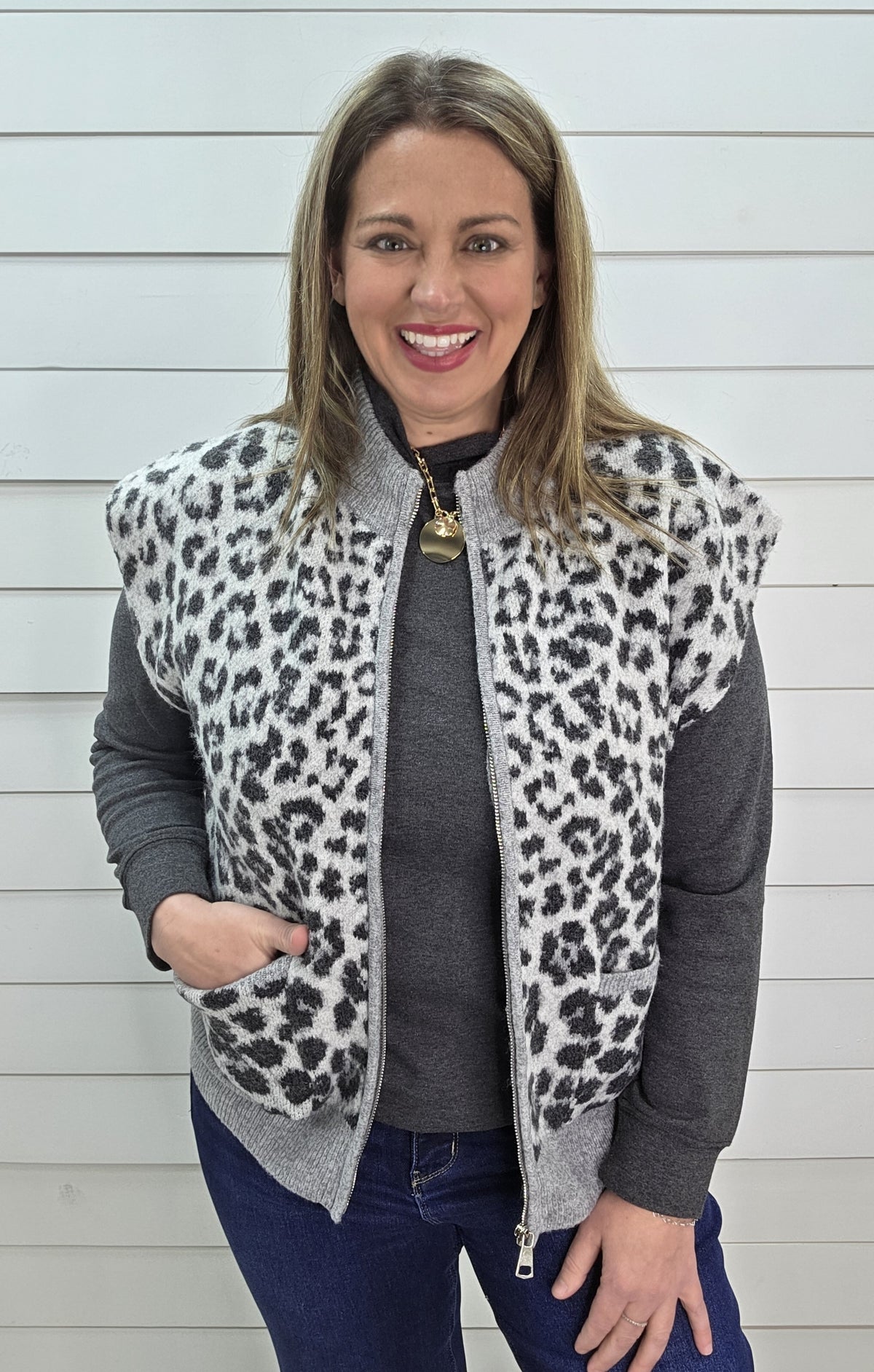 GREY/BLACK LEOPARD ZIP UP SWEATER VEST