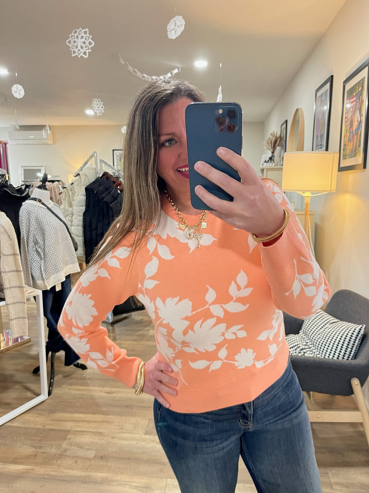 HOT CORAL FLORAL CREW NECK PULLOVER SWEATER