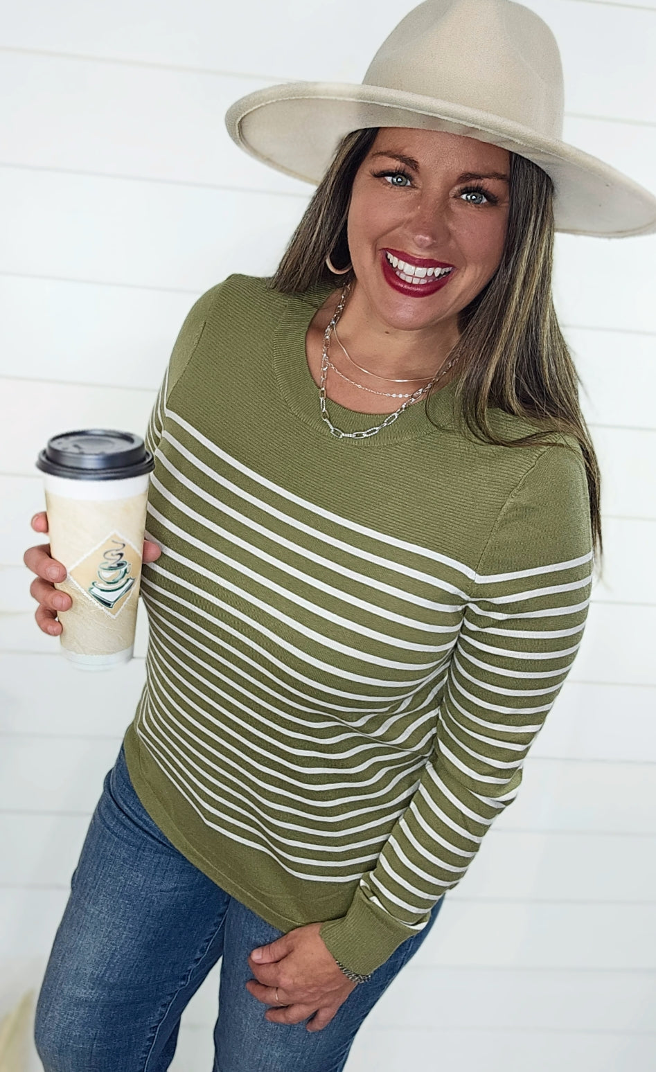 SAGE STRIPED ULTRA SOFT CREW NECK LIGHT WEIGHT SWEATER