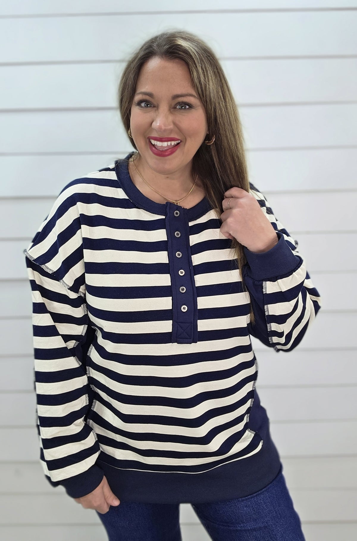 NAVY/CREAM STRIPED CONTRAST FRENCH TERRY PULLOVER