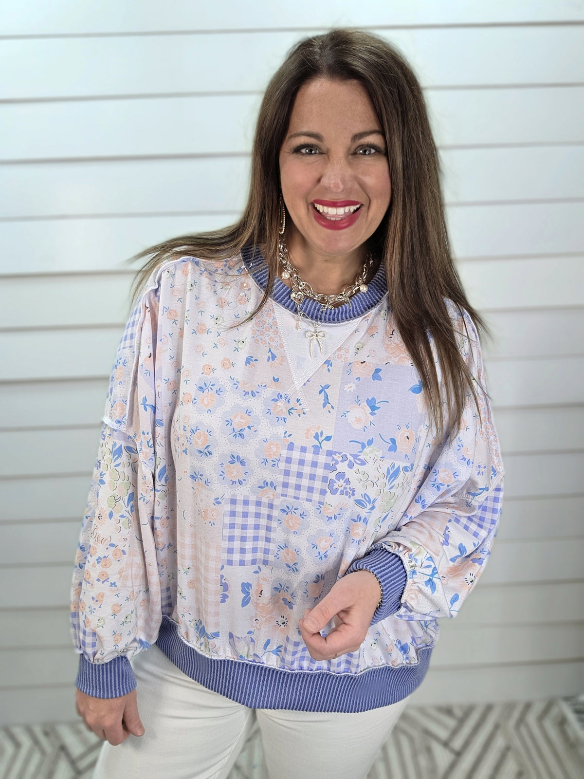 LIGHT BLUE PATCHWORK OVERSIZED LOOSE FIT KNIT TOP