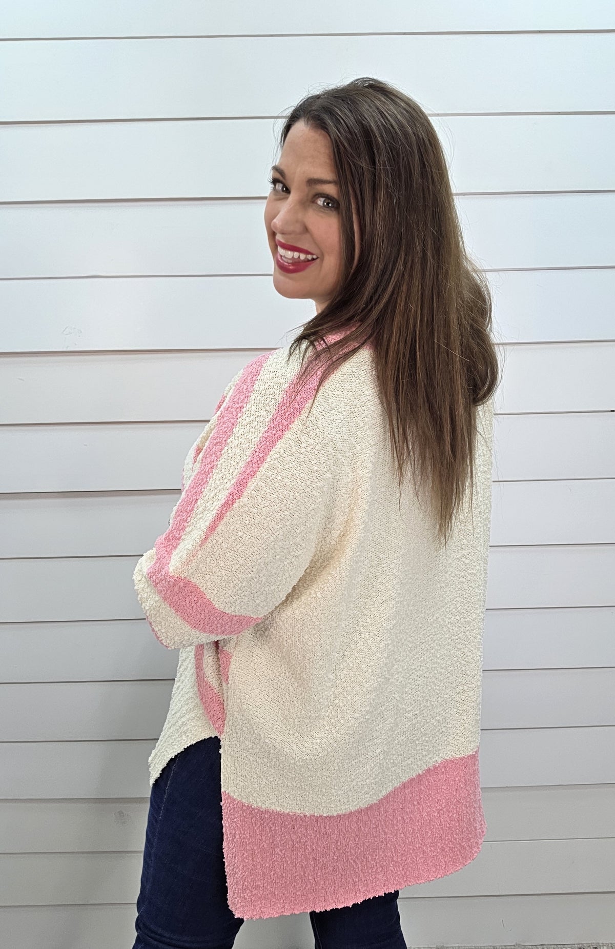 PINK/CREAM V NECK BUTTON DOWN OVERSIZED HALF SLEEVE KNIT CARDIGAN