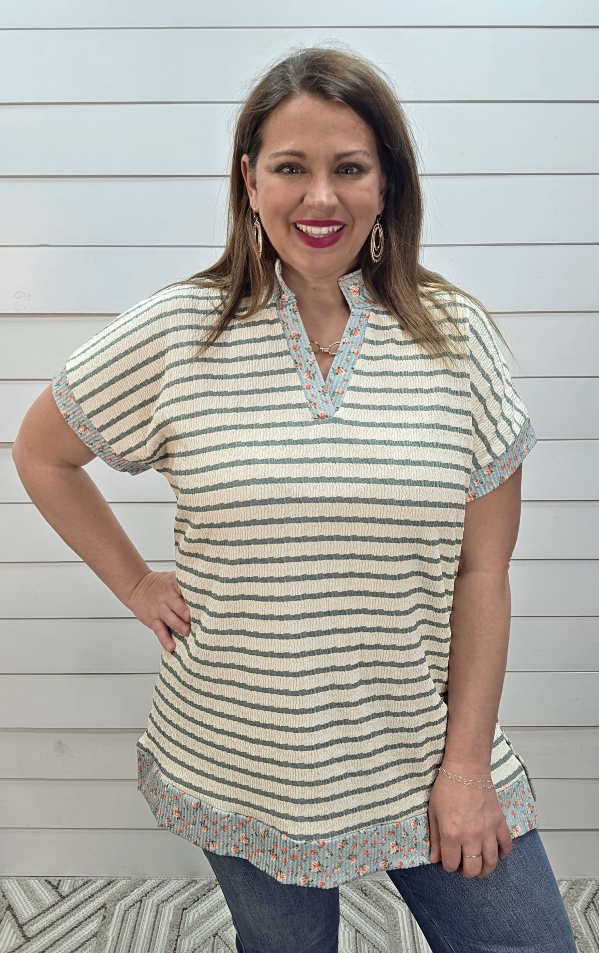 CREAM/SAGE STRIPED TEXTURED TOP W/ FLORAL TRIM