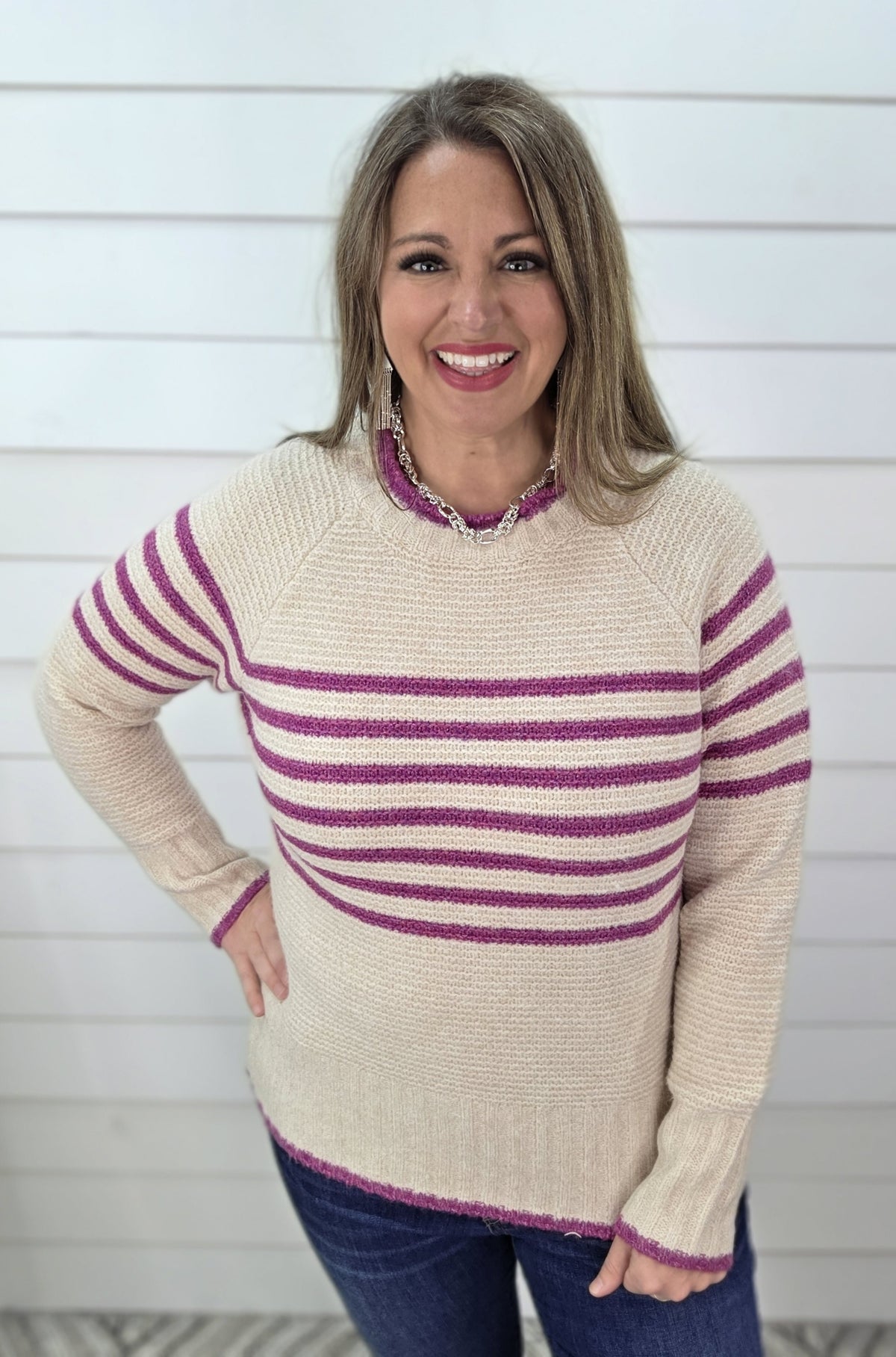 OATMEAL/MAGENTA STRIPED KNIT PULLOVER SWEATER