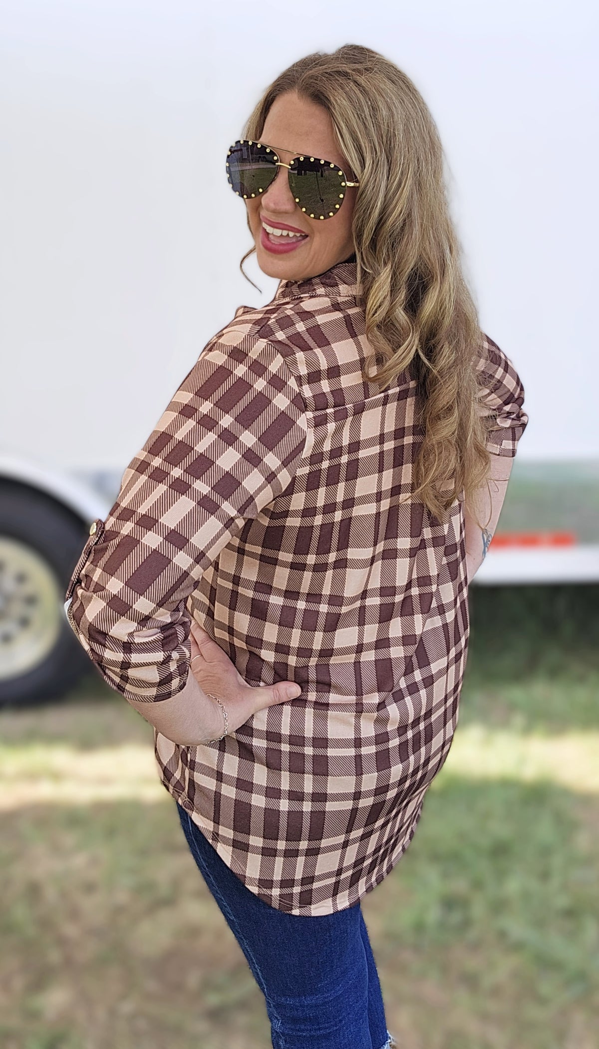 BROWN CHECK PLAID 3/4 SLEEVE KNIT TOP