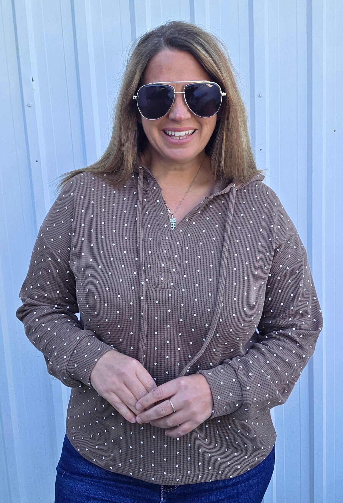 Coffee Drawstring Y Split Neck, Long Sleeve, Polka Dot Printed Light Weight Hoodie