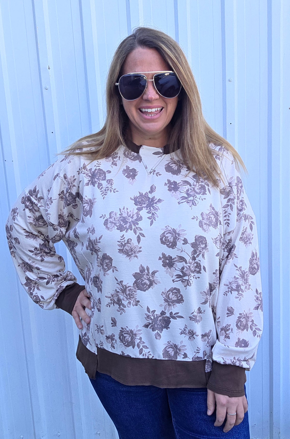 TAUPE/BROWN Drop Shoulder Long Sleeve Oversized Loose Fit Floral Print Knit Top With Ribbed Trim