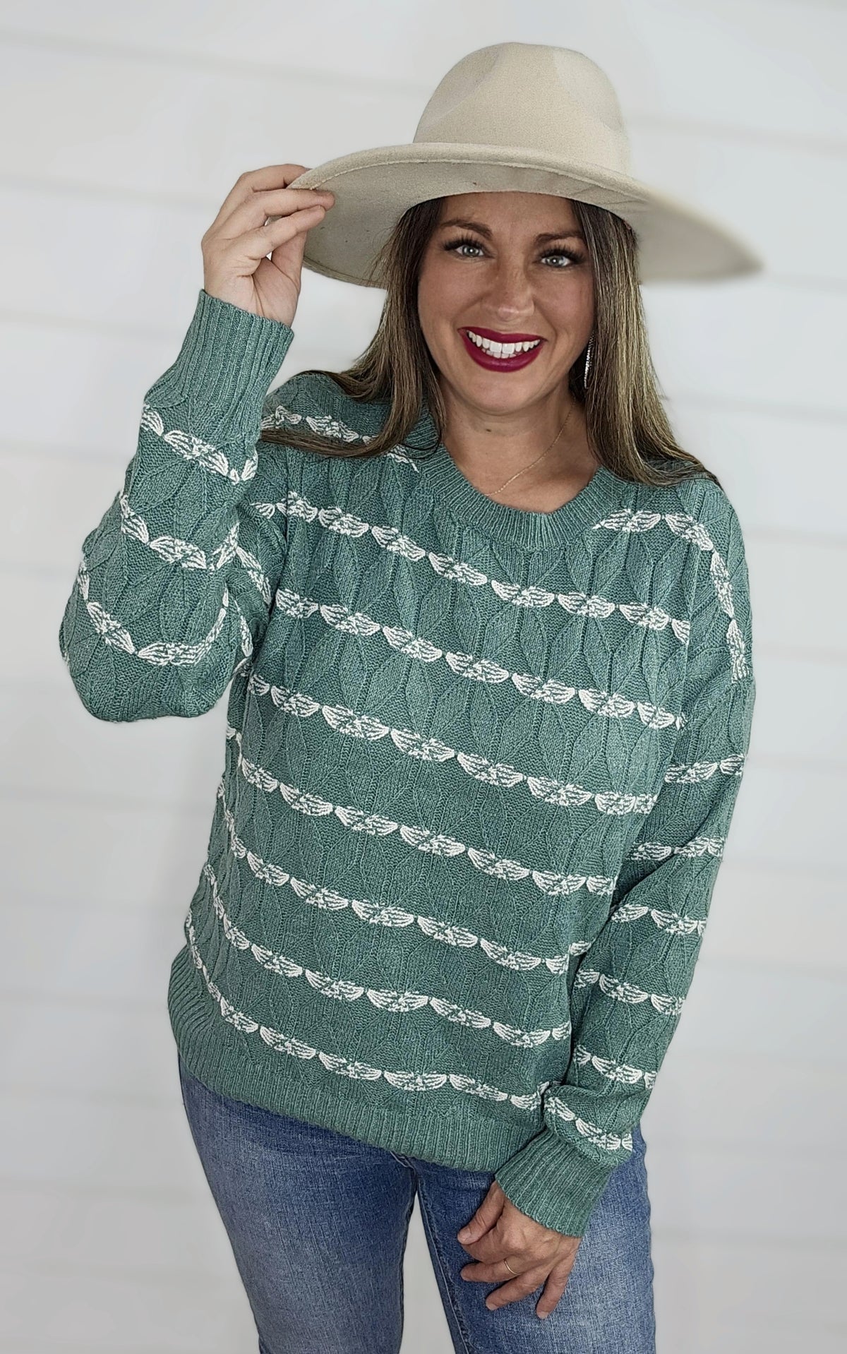 LT JADE TEXTURED STRIPE CREW NECK SWEATER