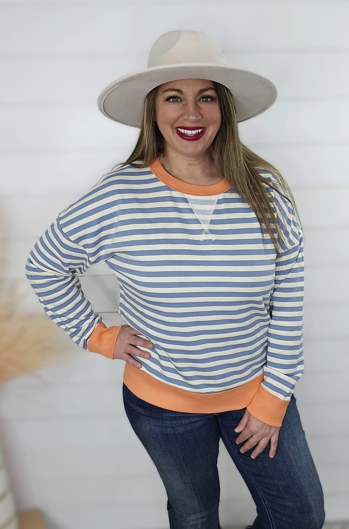 DUSY BLUE/CORAL STRIPED FRENCH TERRY KNIT TOP