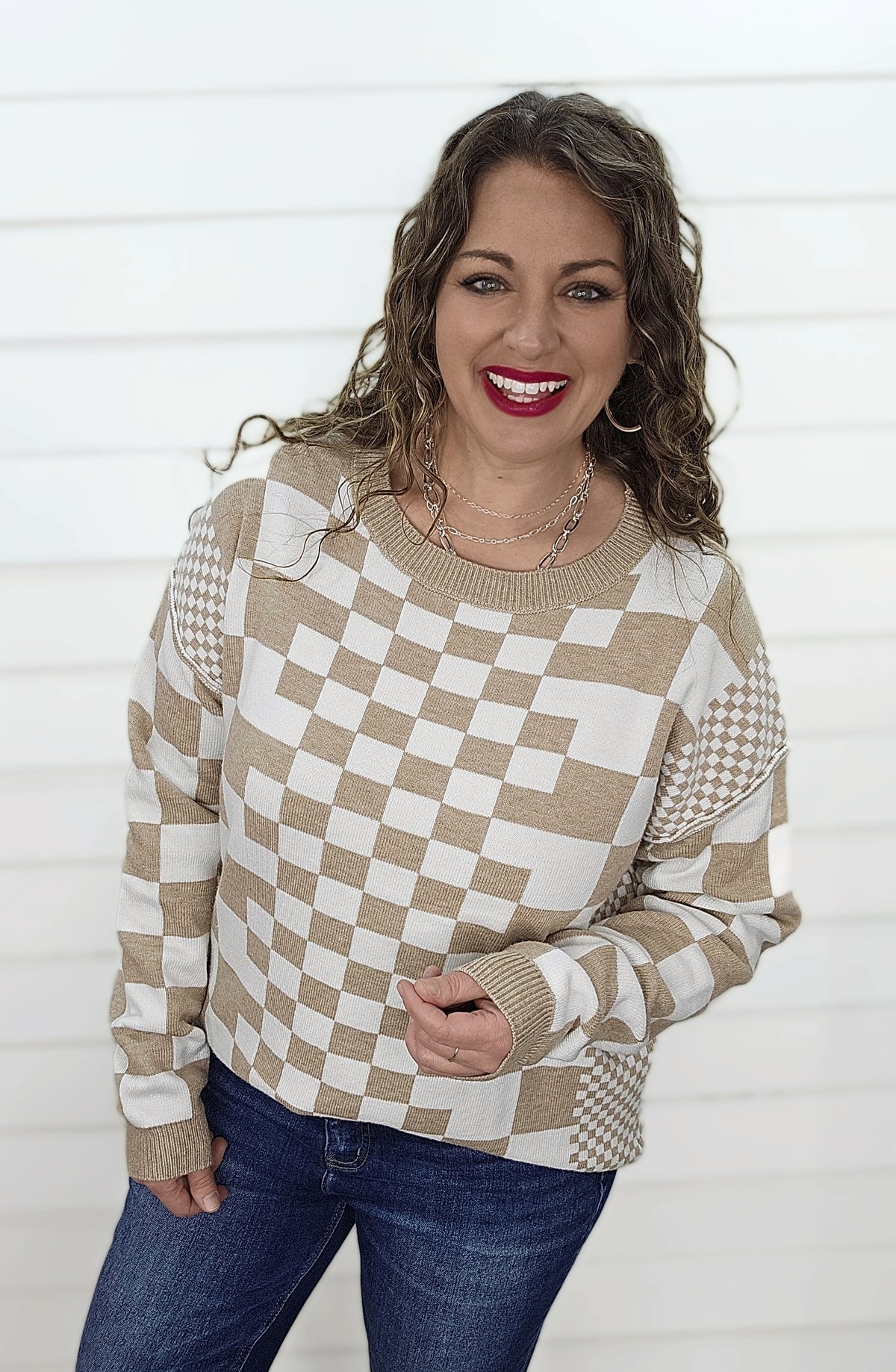 KHAKI CHECKERED DROP SHOULDER SWEATER