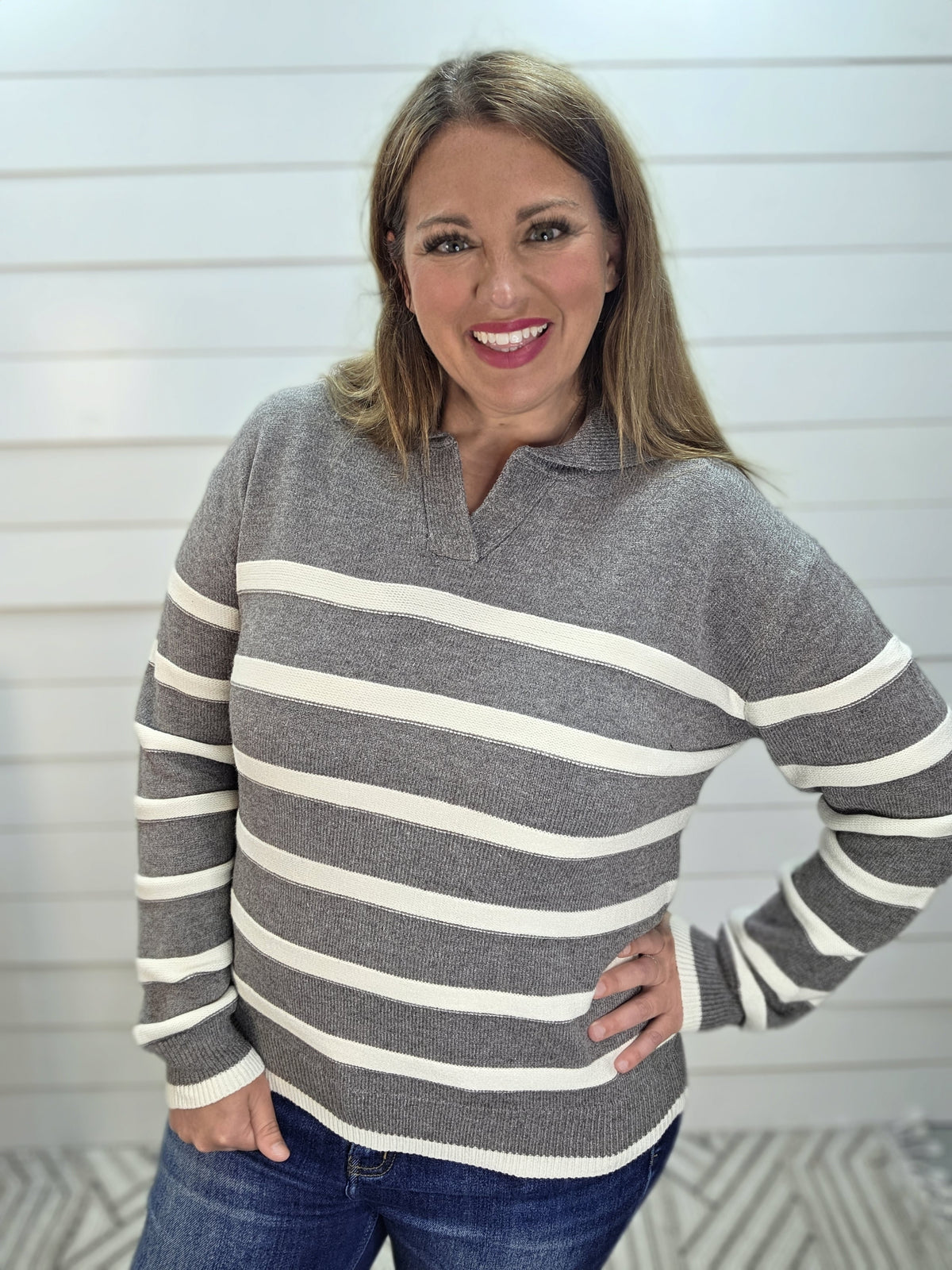 HEATHER GREY Split V-Neck Polo Neckline Striped Sweater Top