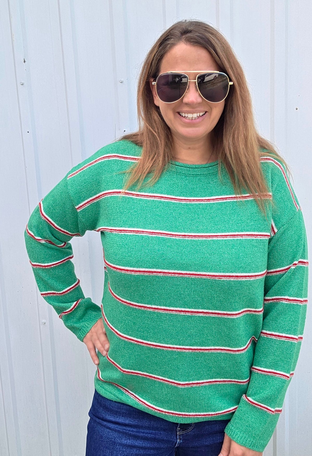 GREEN/RED Draw String Hem, Long Sleeve, Wide Crew Neck, Striped SWEATER