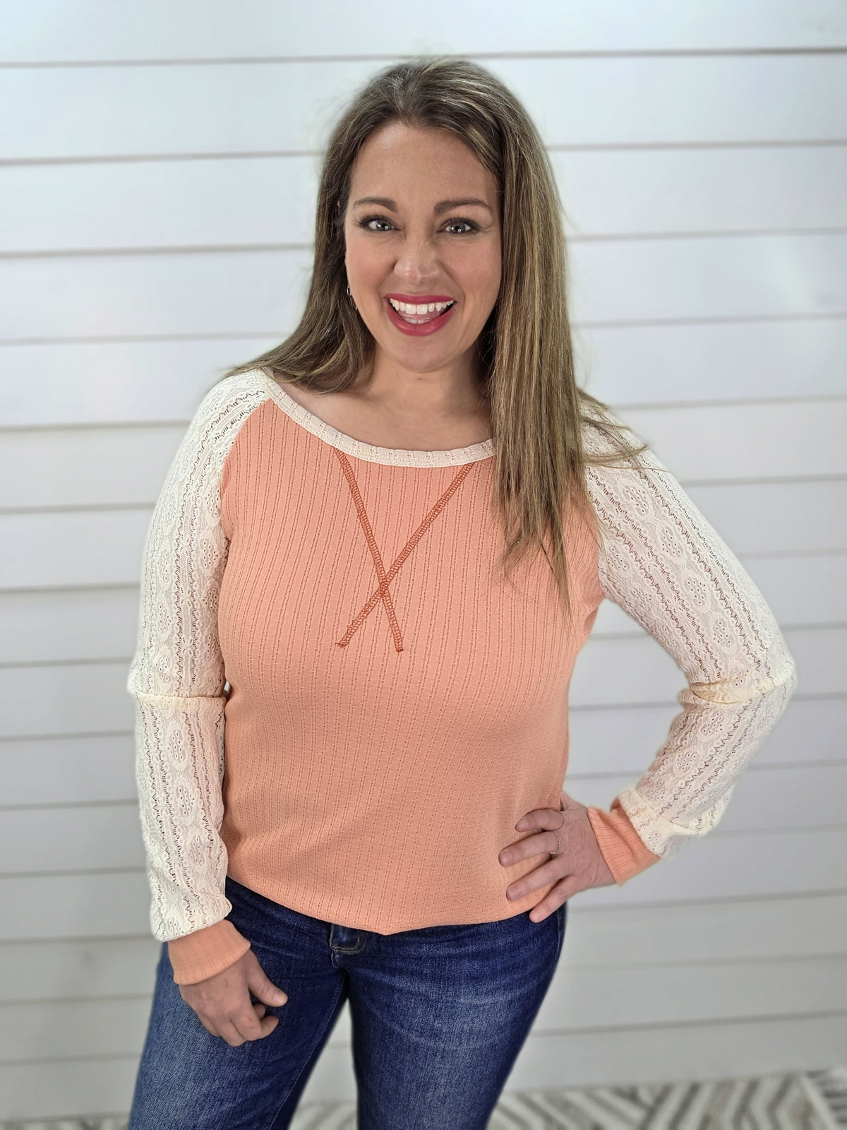 CORAL KNIT LACE SLEEVE TOP