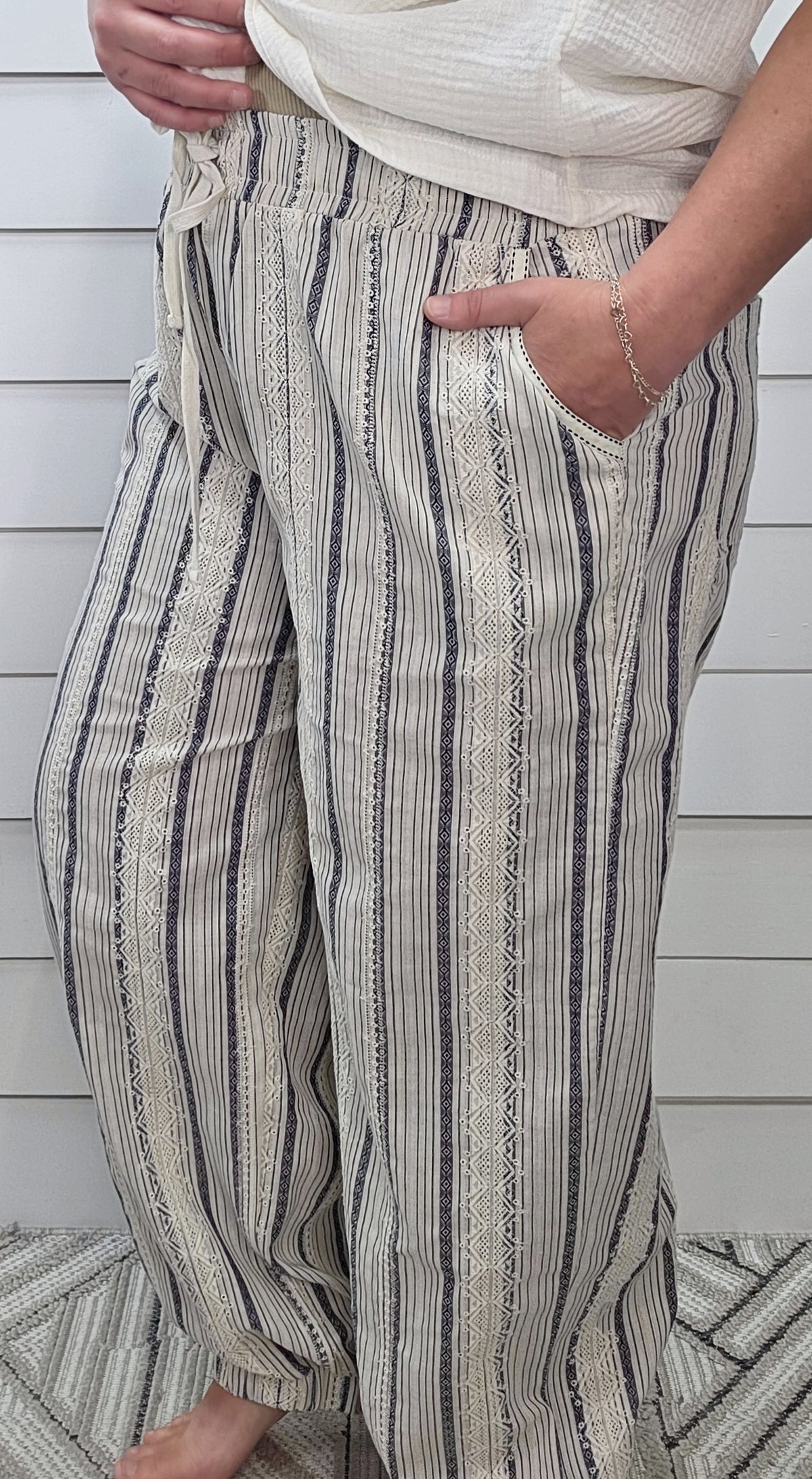 OATMEAL/NAVY STRIPED LOOSE FIT JOGGERS W/ LACE TRIM