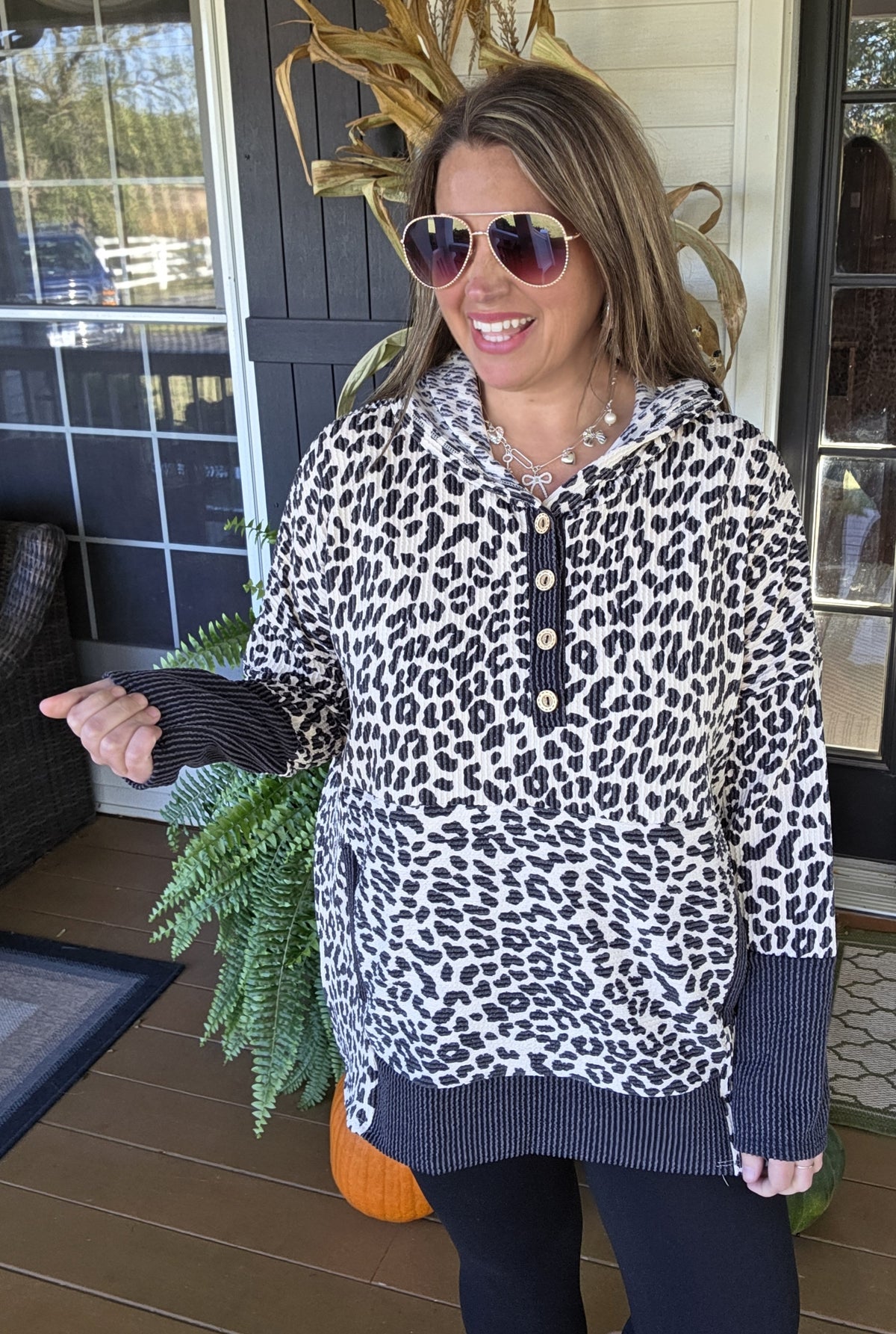 ANIMAL PRINT RAISED RIBBED OVERSIZED HOODIE WITH KANGAROO POCKET