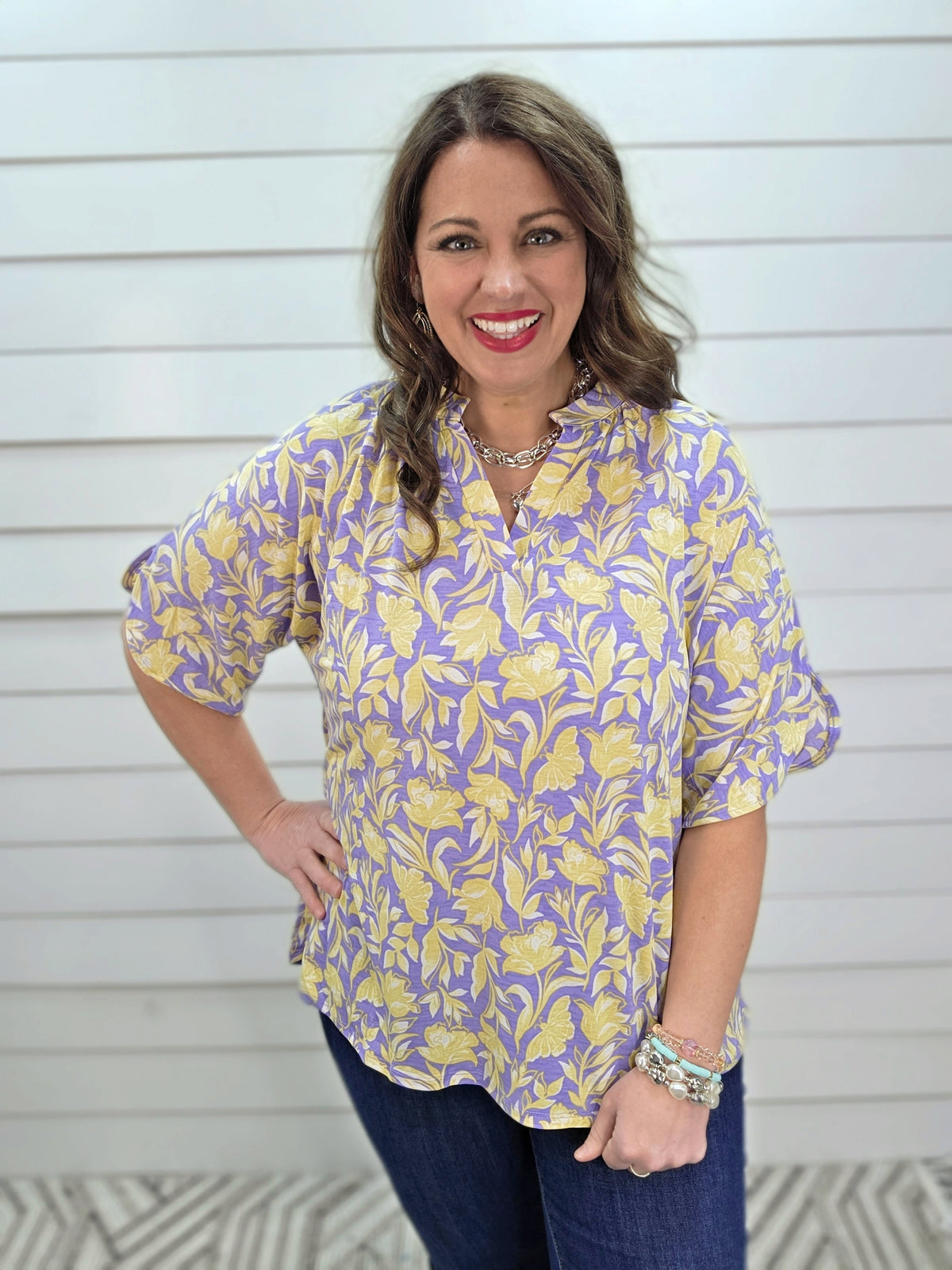 DEAR SCARLETT BREEZE SPLIT SLEEVE TOP - LILAC YELLOW FLORAL PRINT