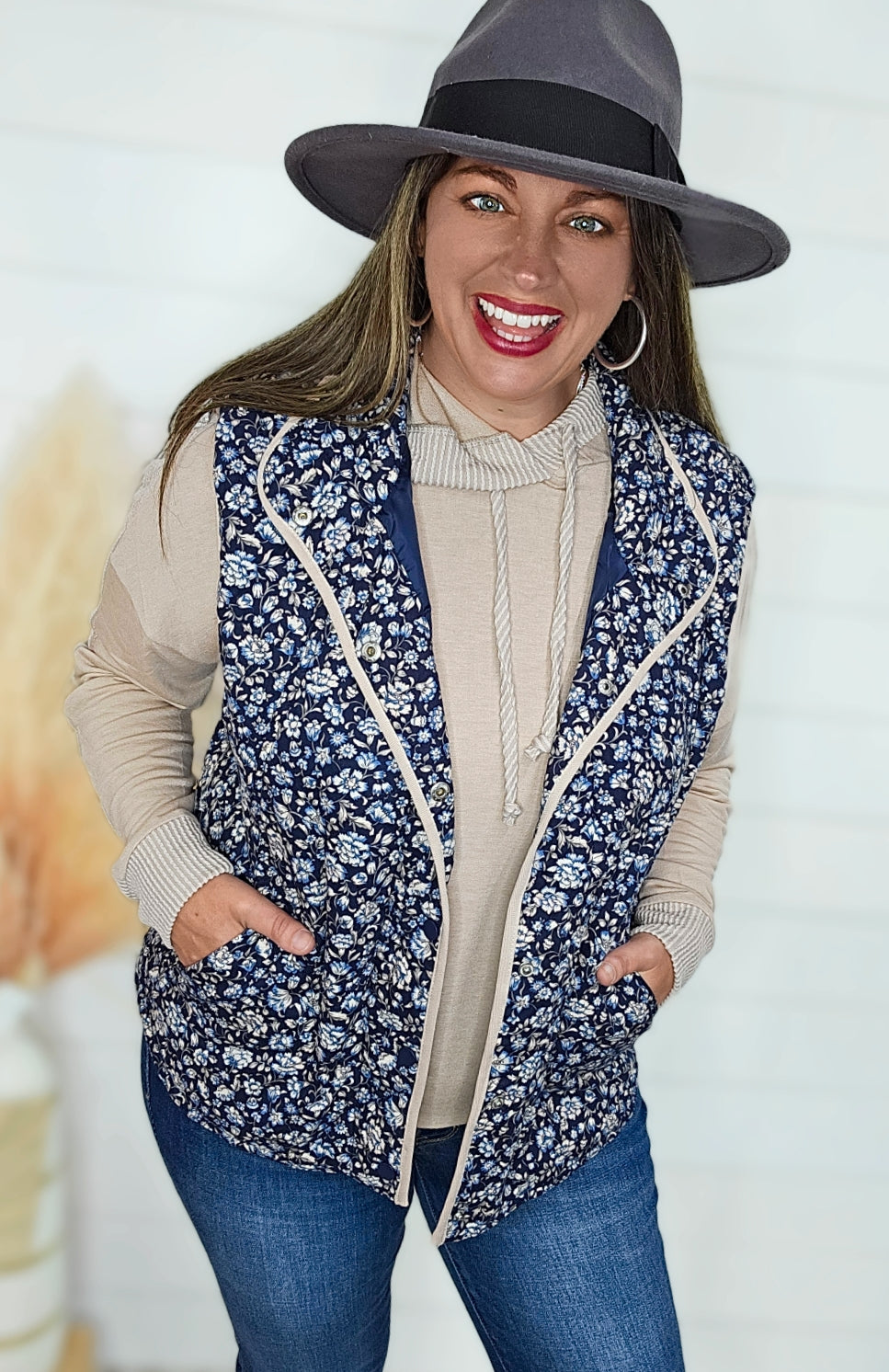 NAVY FLORAL SNAP BUTTON VEST