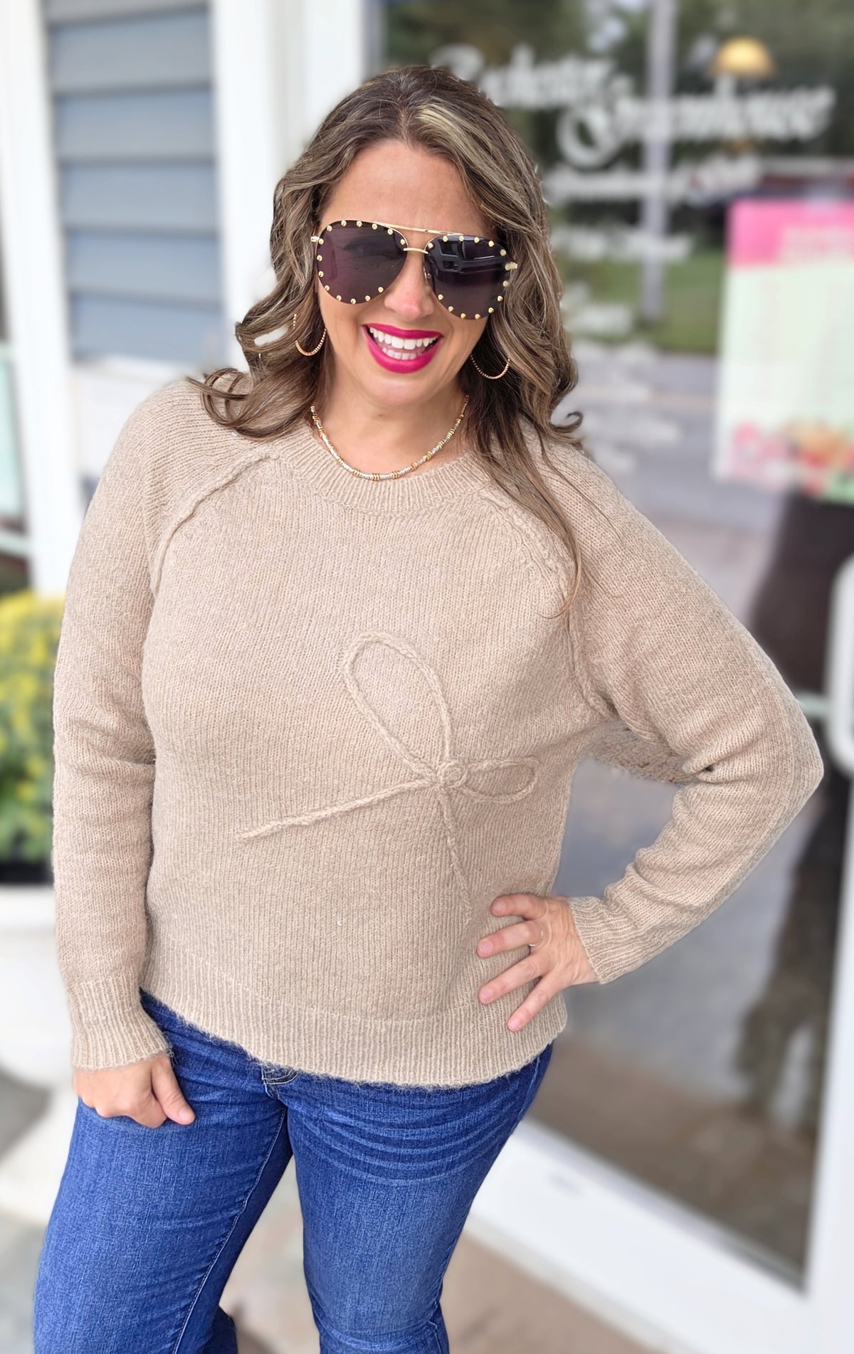 TAUPE BOW TEXTURED KNIT SWEATER