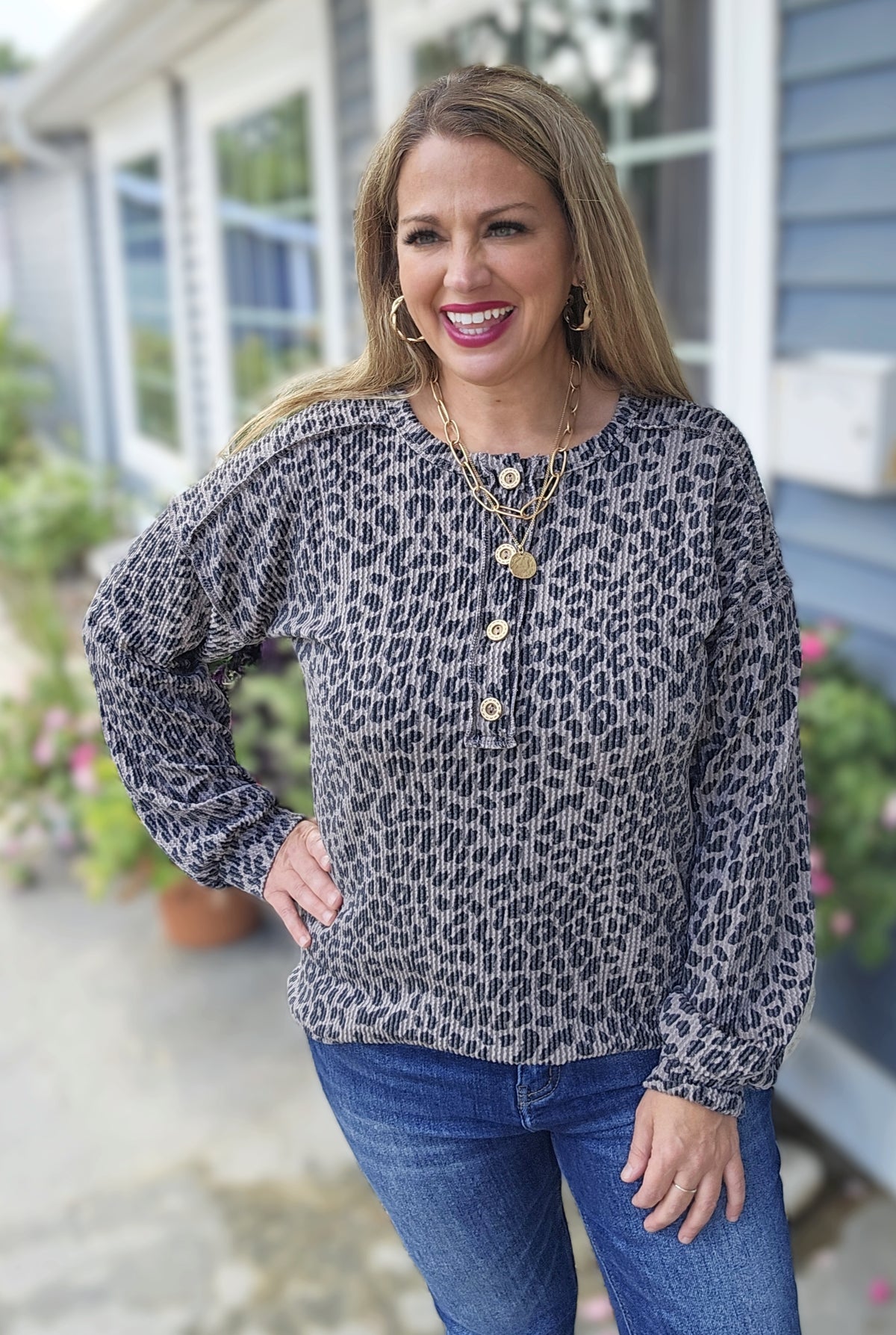 COCO ANIMAL HENLEY RAISED RIBBED LONG SLEEVE KNIT TOP