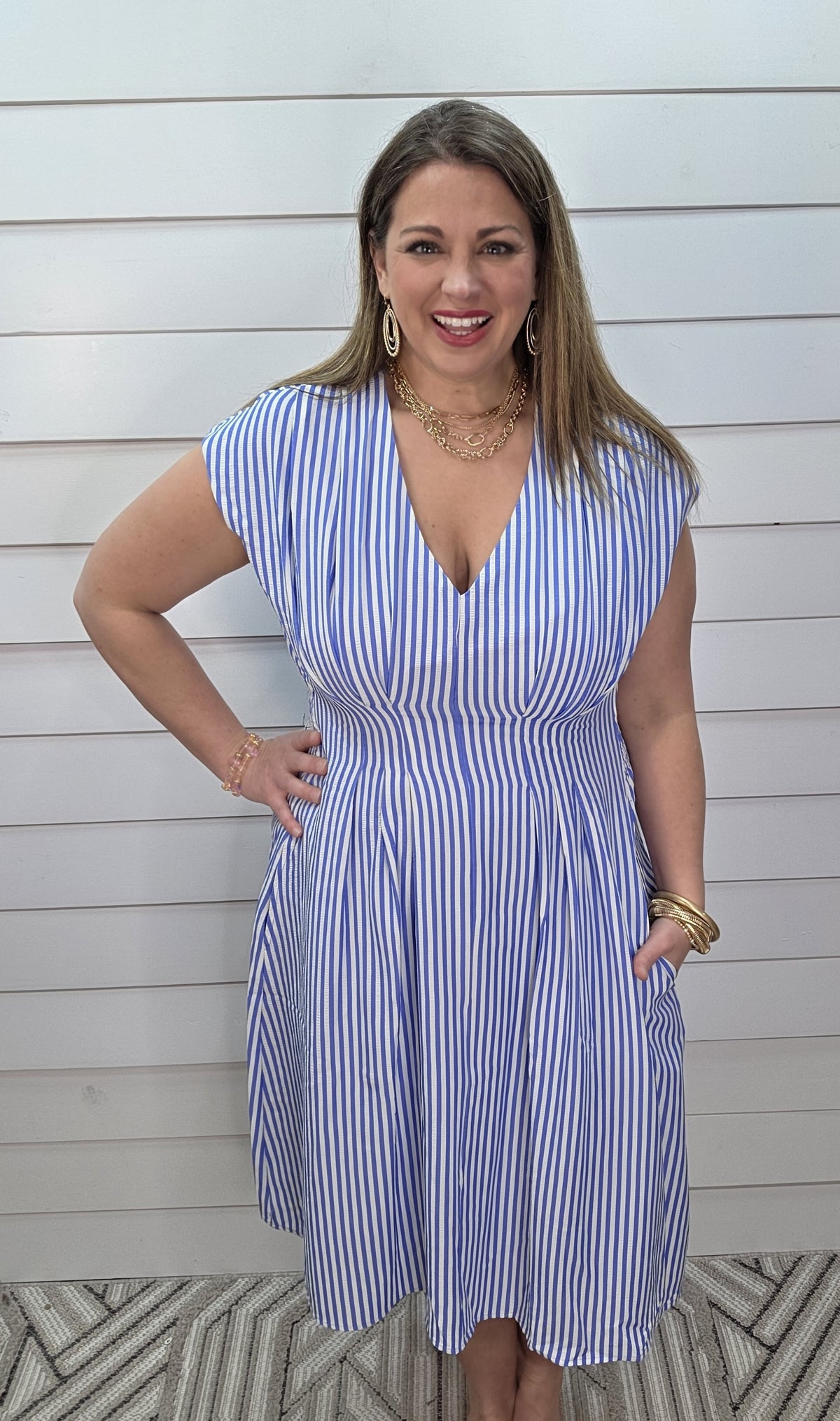 BLUE STRIPED V NECK PLEATED WOVEN DRESS W/ BACK SMOCKING
